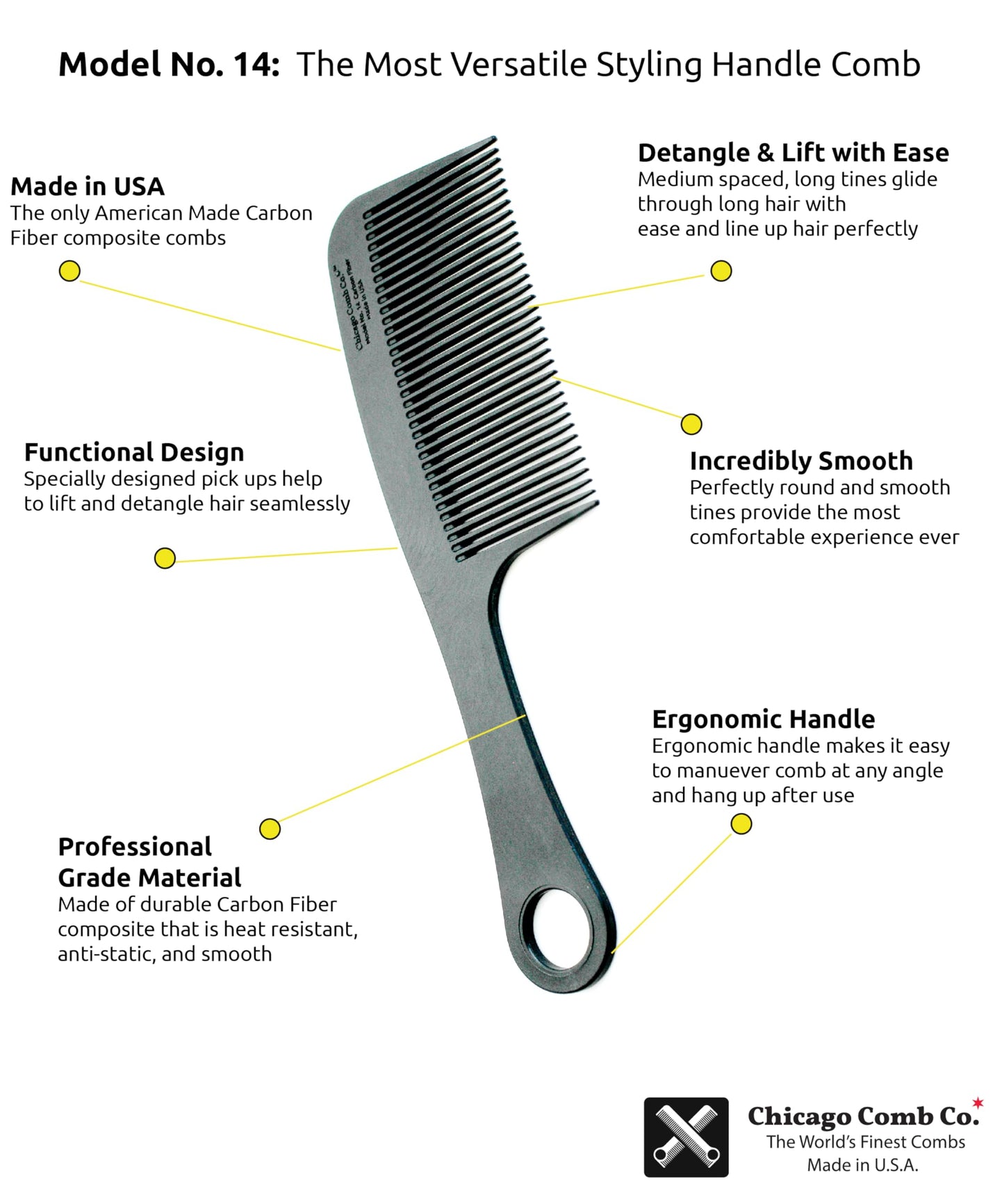 Chicago Comb Model 14 Carbon Fiber, Made in USA, Anti-static, Detangling, Styling & Shower comb, 8.4 inches (21 cm) long