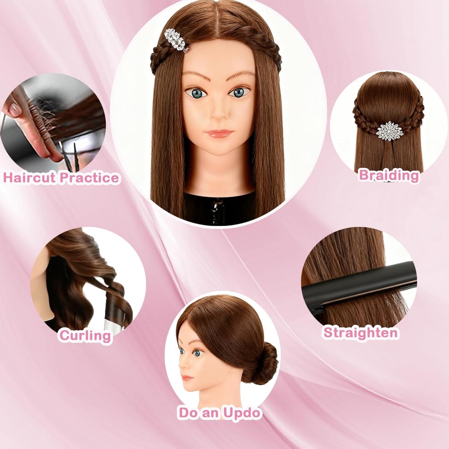 Beauty Star Mannequin Head - 18-Inch Real Human Hair Styling Head for Braiding & Cosmetology Training | Dark Brown Hair, Blue Eyes