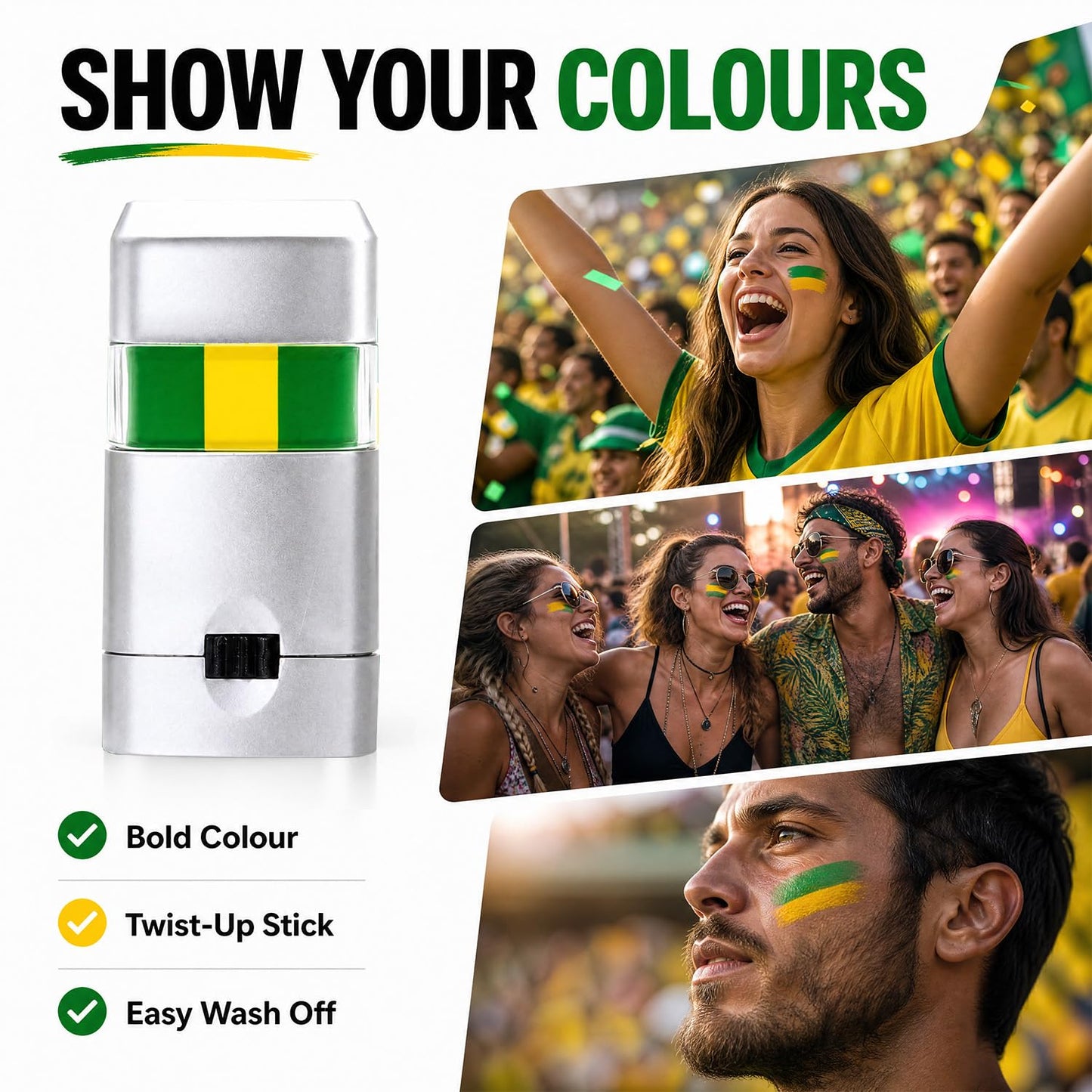 Green Yellow Green Football Face Paint, 3 Colors Blendable Eye & Face Paint Stick, Safe Glare Reduction Sports Makeup for Baseball Softball Players, Kids, Adults, Athletes (Green Yellow Green)