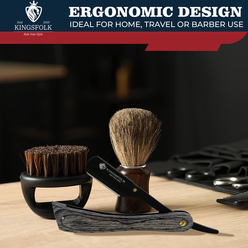 Kingsfolk Professional Straight Razor Kit for Men – Wooden Handle Razor with 100 Platinum Blades, Leather Case, Nitrile Gloves & Cleaning Cloth – Barber Grade Wet Shave Set