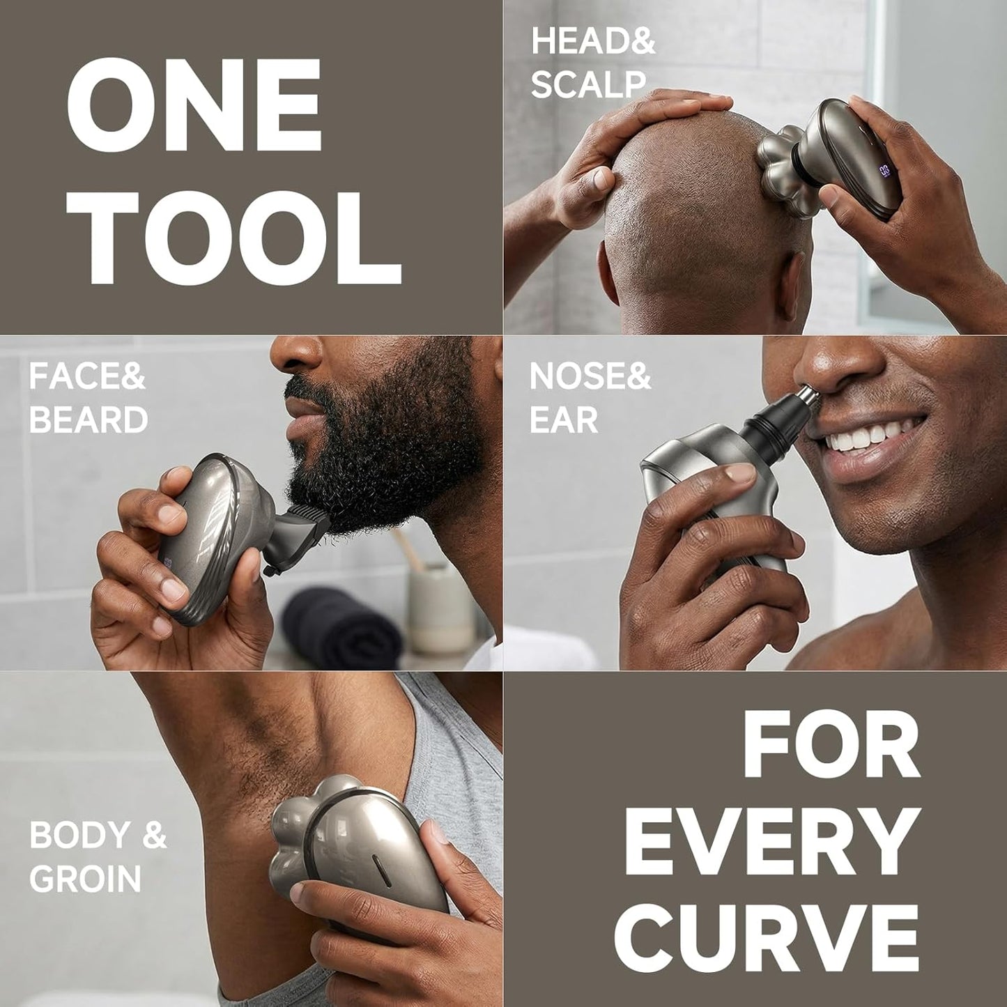 Electric Head Shaver for Bald Men - 7D Magnetic Waterproof Razor | 5-in-1 Grooming Kit (Gray)