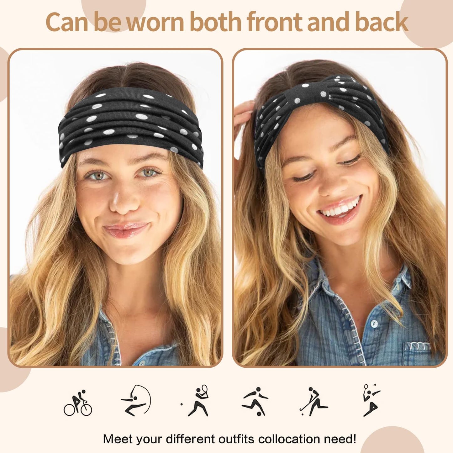 KU Wide Headbands for Women Non Slip 6 Pack Soft Elastic Hair Bands Sports Yoga Running Gym Workout Knotted Head Wraps, Cotton Cloth African Turbans Solid Color-With 6 Pcs Hair Ties