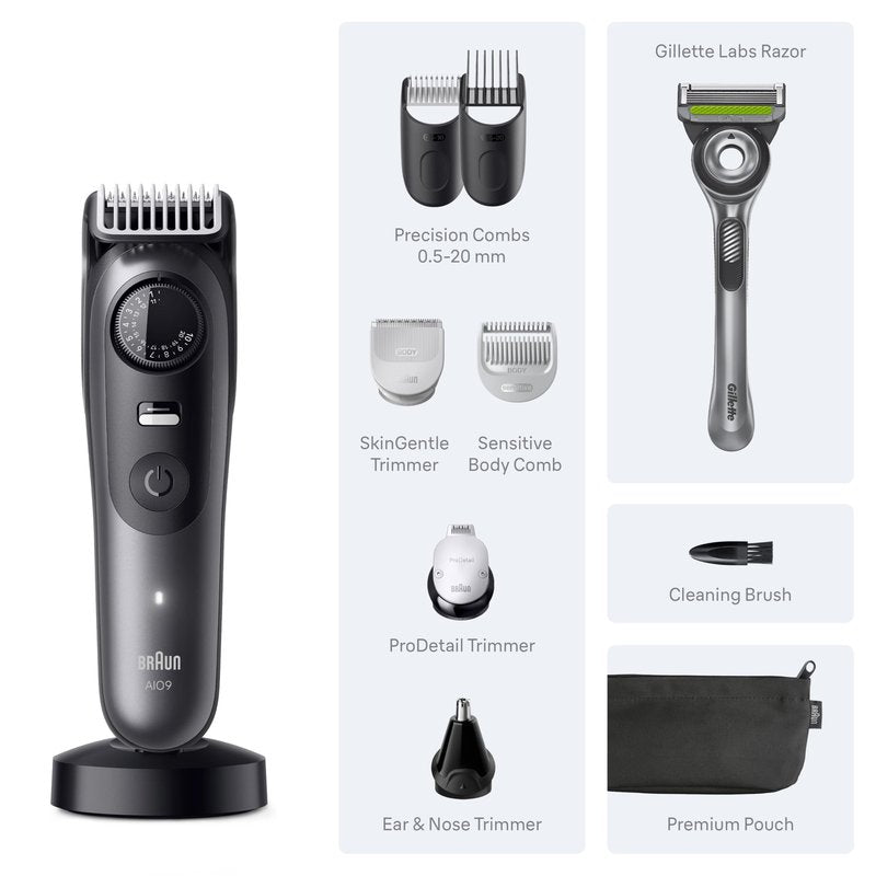 Braun All-in-One Series 9 Men’s Electric Beard Trimmer, Hair Clipper, Shaver & Razor for Face, Hair & Body, AIO 9535 with Gillette Labs Razor, Cordless