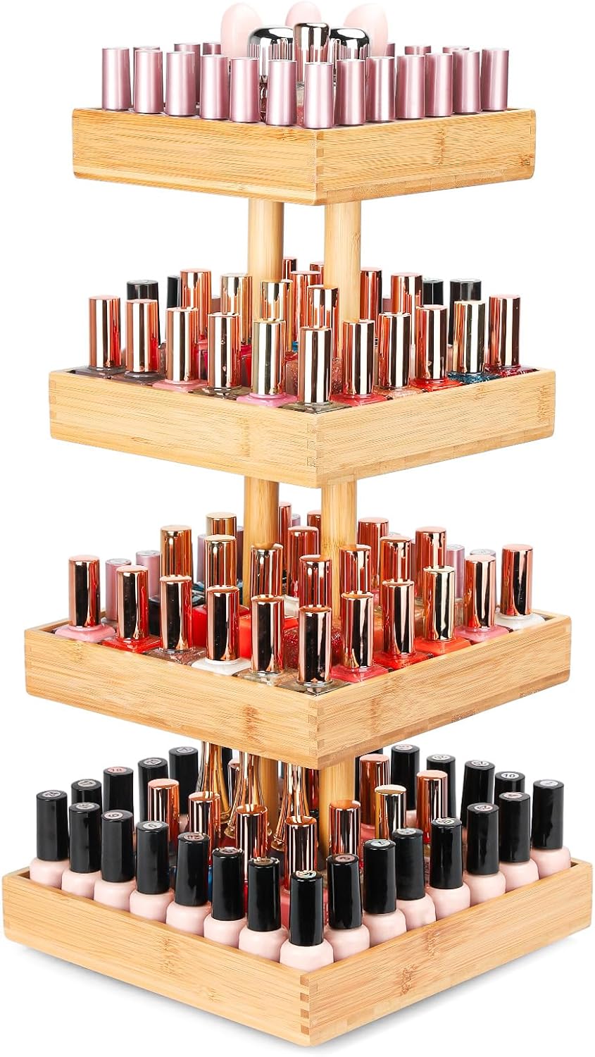 Nail Polish Display Stand - 360° Rotating Bamboo Rack Organizer | 4-Tier Makeup Holder for Easy Access - Brown