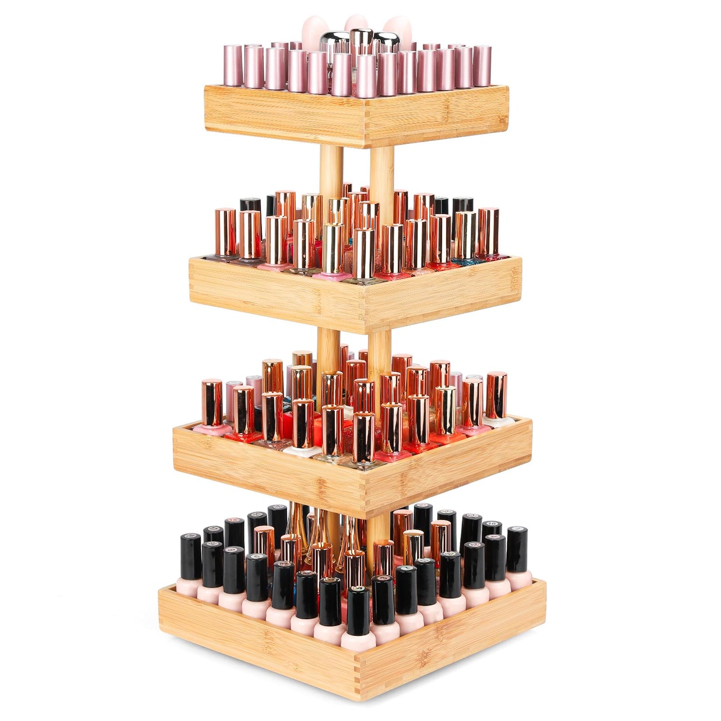 Homde Nail Polish Display Stand and Storage: 360 Degree Rotating Bamboo Rack Organizer, 4 Tier Makeup Holder for Fast Access on Countertop or Vanity for Girls & Women,Brown