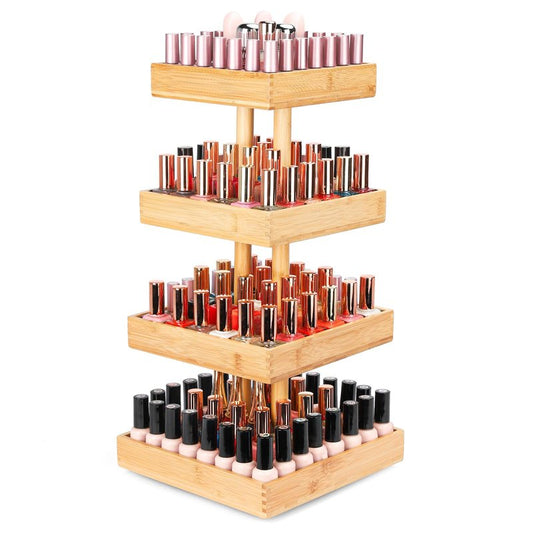 Homde Nail Polish Display Stand and Storage: 360 Degree Rotating Bamboo Rack Organizer, 4 Tier Makeup Holder for Fast Access on Countertop or Vanity for Girls & Women,Brown