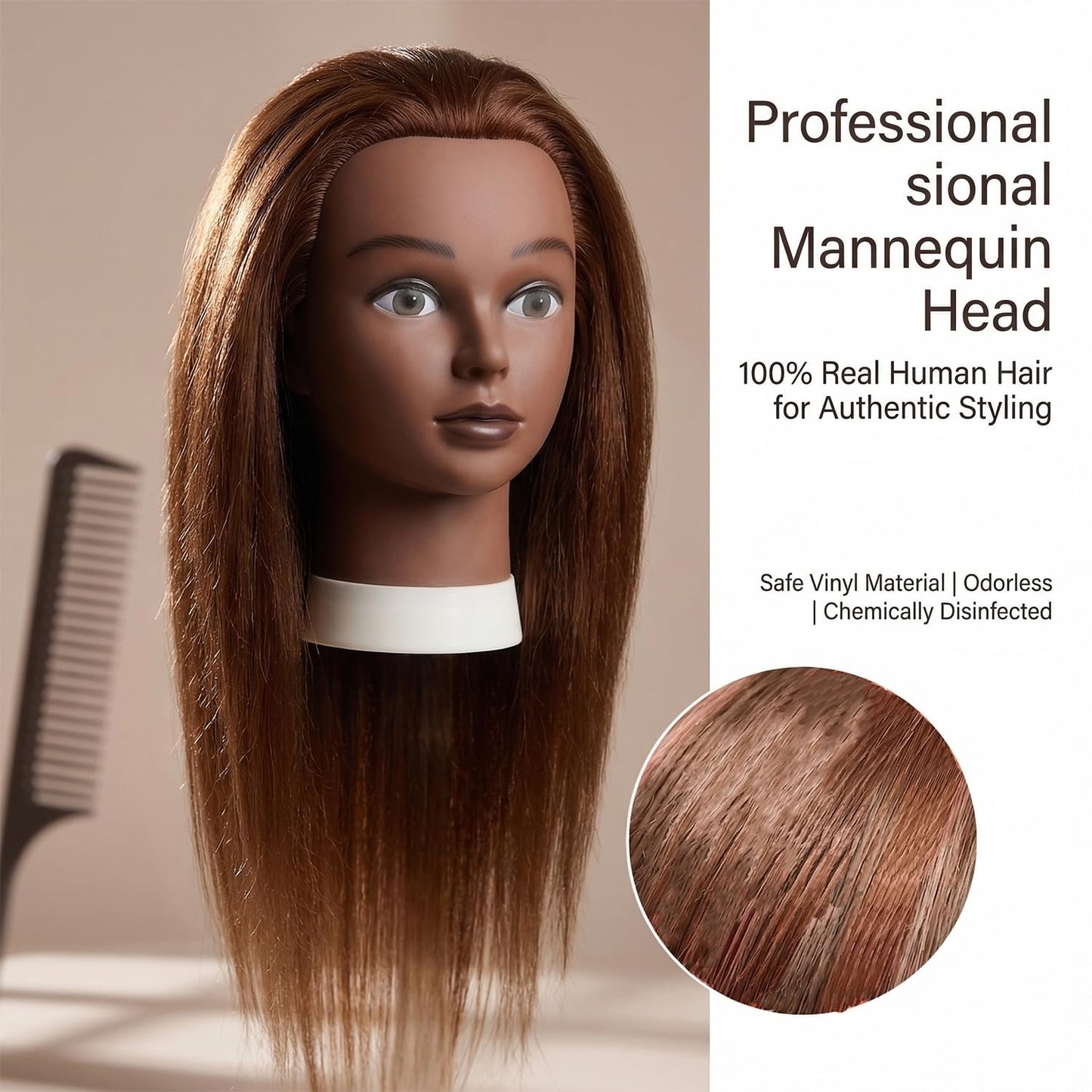 100% Human Hair Mannequin Head - 16 Inch Braiding Practice Doll with Clamp Stand | Brown
