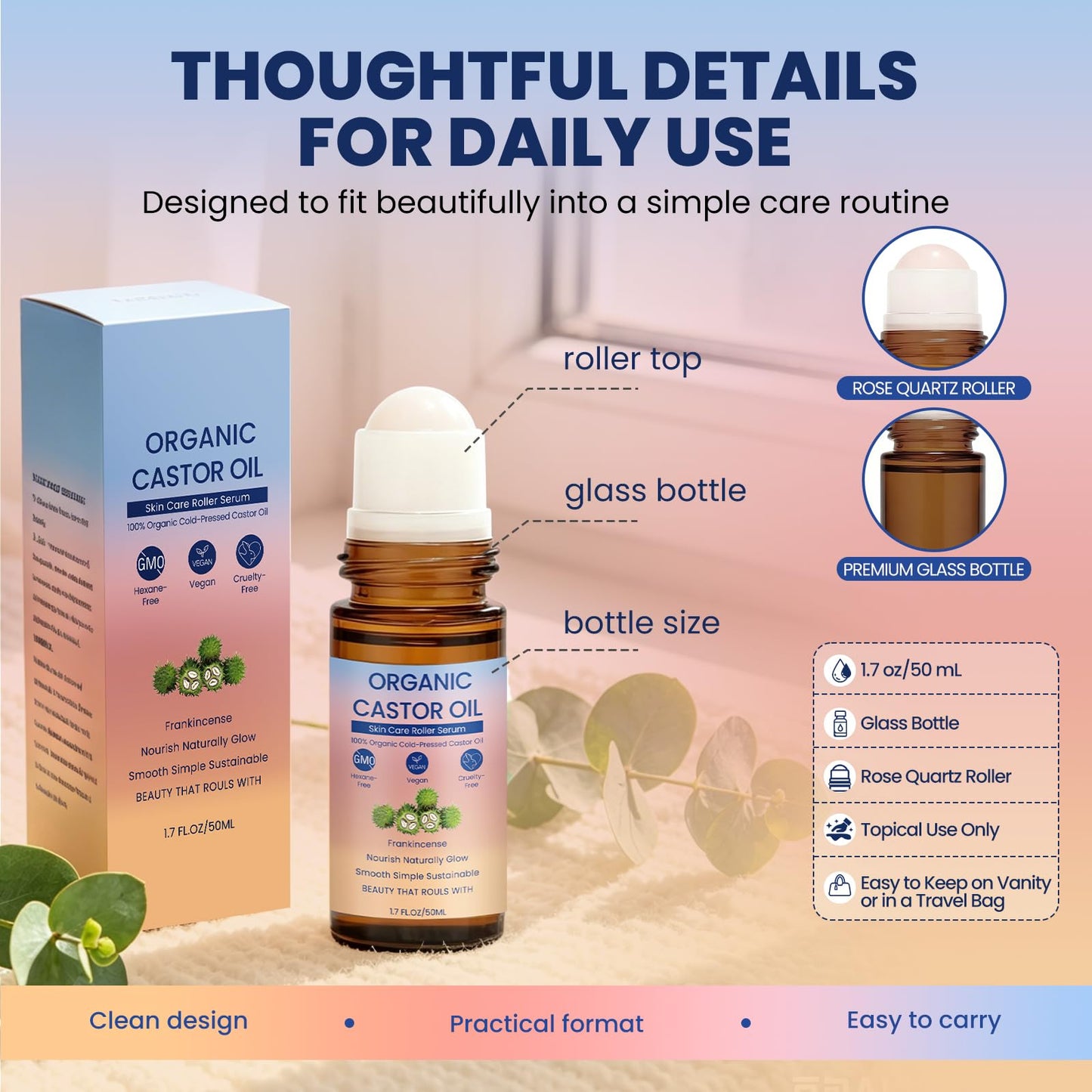 ToopBCP Organic Castor Oil with Rose Quartz Roller, 100% Pure Cold-Pressed, Used to promote hair growth, eyelash growth, eyebrow growth and skin health, Organic Castor Oil Roll On Rose Quartz. 1.7oz