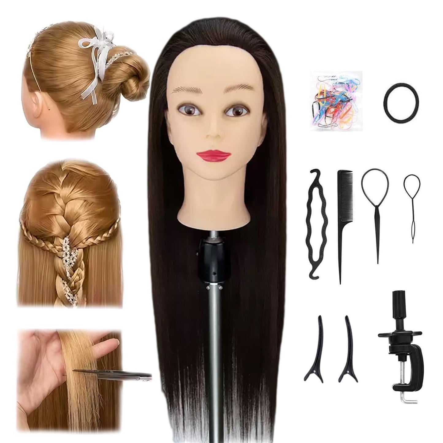 28" Braiding Practice Mannequin Head with 60% Human Hair - Includes 9 Hairdressing Tools & Clamp Stand, Ideal for Hair Styling, Cosmetology Training & Makeup Styling Practice (Dark Brown)
