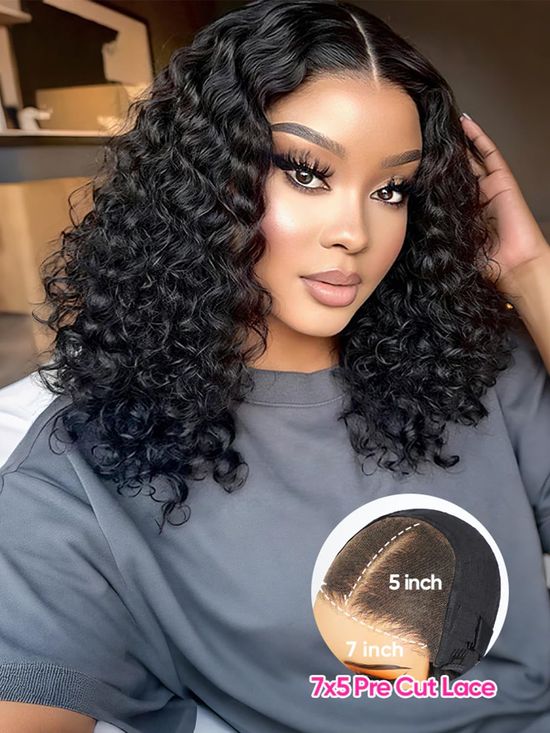 ISEE Glueless Bob Wigs Human Hair Pre Plucked Pre Cut Water Wave Human Hair Wig for Black Women 5x7 HD Lace Closure Wigs 180% Density (Black, 14 Inch)