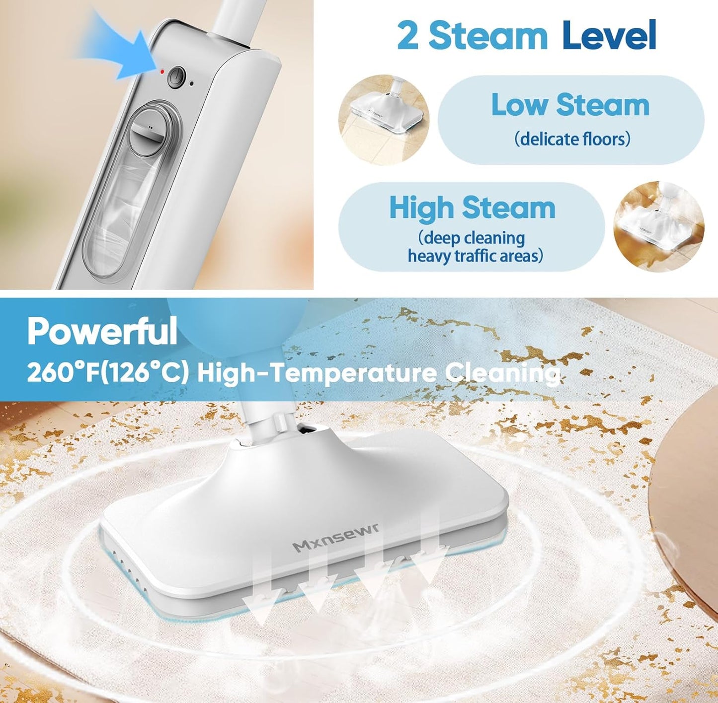 Powerful Steam Mop - Multi-Functional Handheld Steam Cleaner with 2 Steam Levels, 380ML Tank & 23FT Cord | Ideal for Whole Home Use