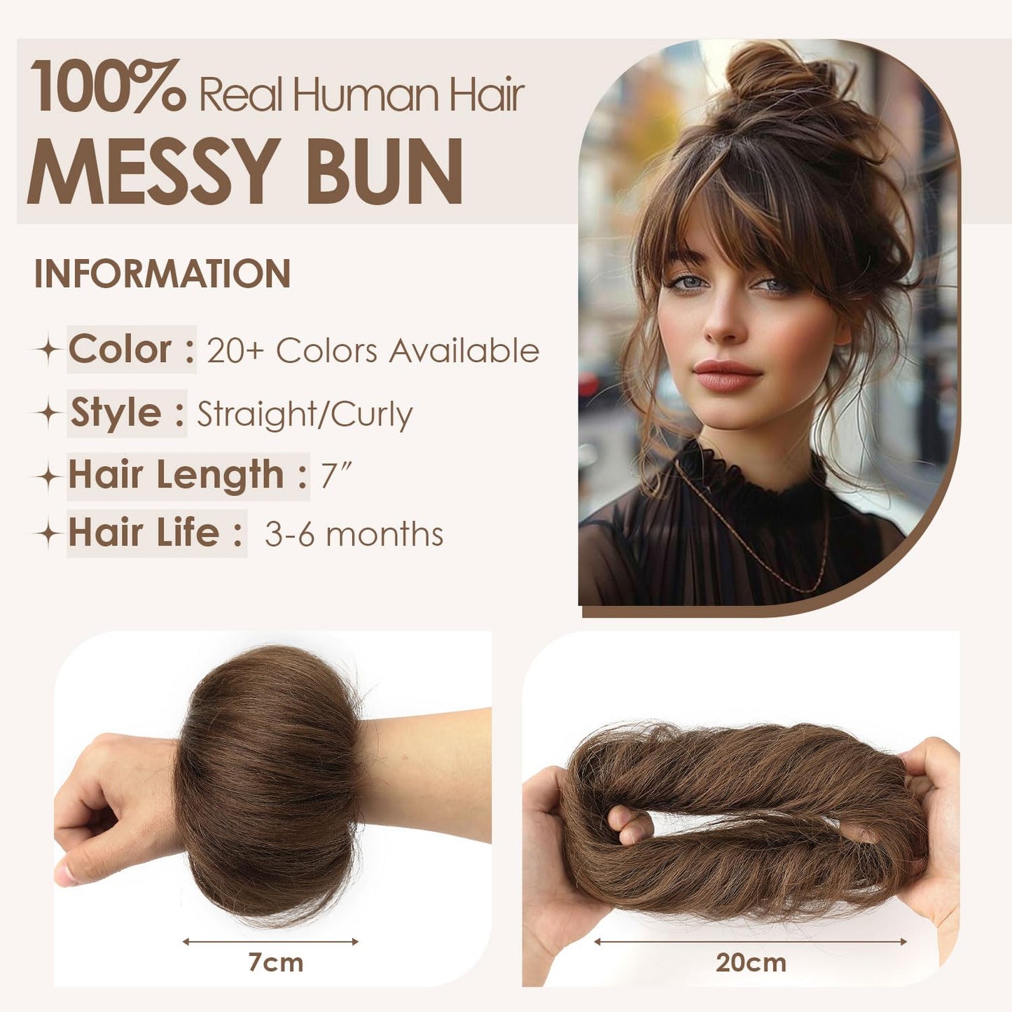 KISANOF Messy Bun Hair Piece Human Hair Chocolate Brown Wavy Tousled Stretchy Fluffy Donut Updo Elastic Rubber Band Messy Bun with Elastic Band(2 Count #4 Medium Brown)