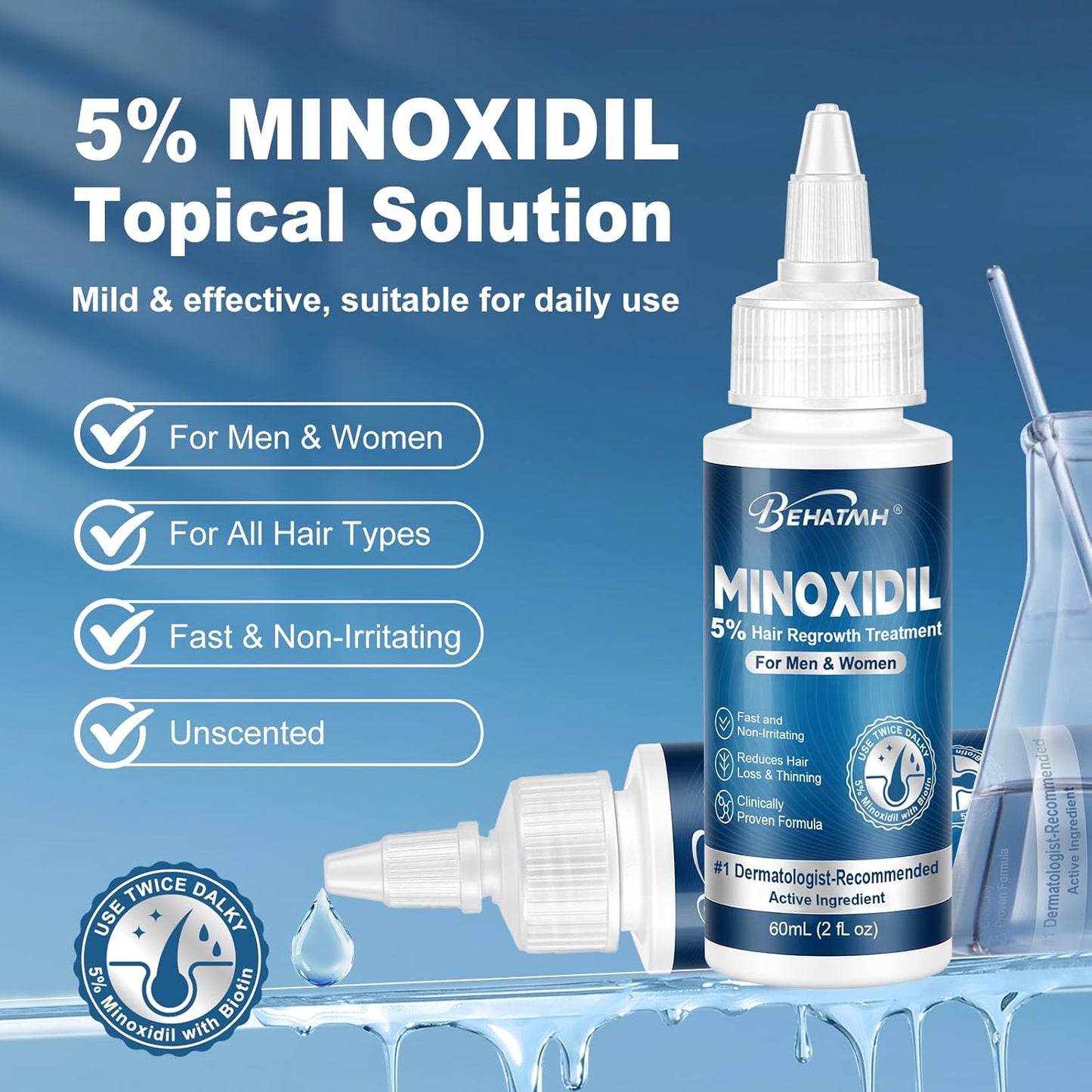 Minoxidil Hair & Beard Growth Serum - 5% Formula with Biotin & Castor Oil | 8-Pack for Thicker, Fuller Hair