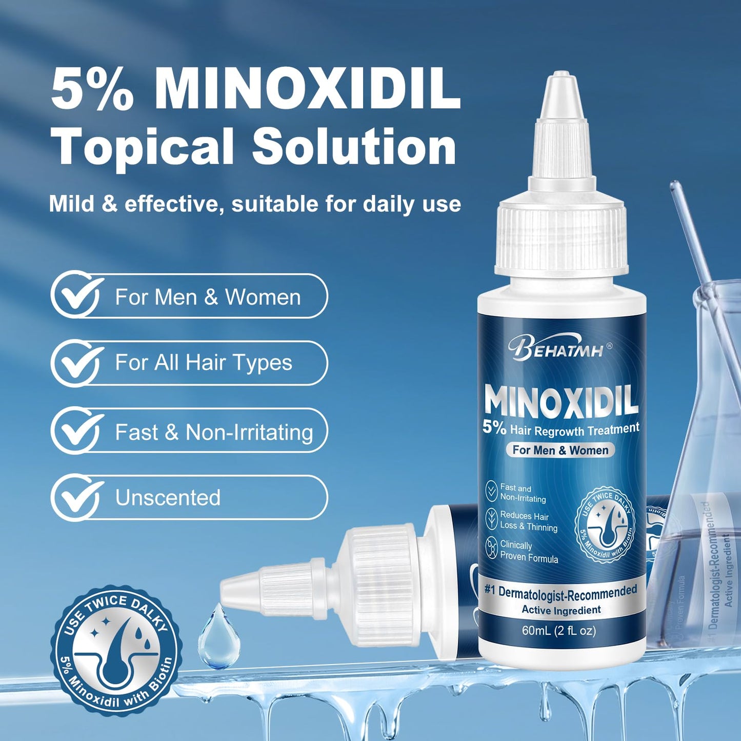 8 Pack 5% Minoxidil Hair & Beard Growth Serum, with Biotin & Castor Oil, Minoxidil for Men & Women, Supports Thicker, Fuller Hair, Reduces Thinning & Hair Loss, 8-Month Supply