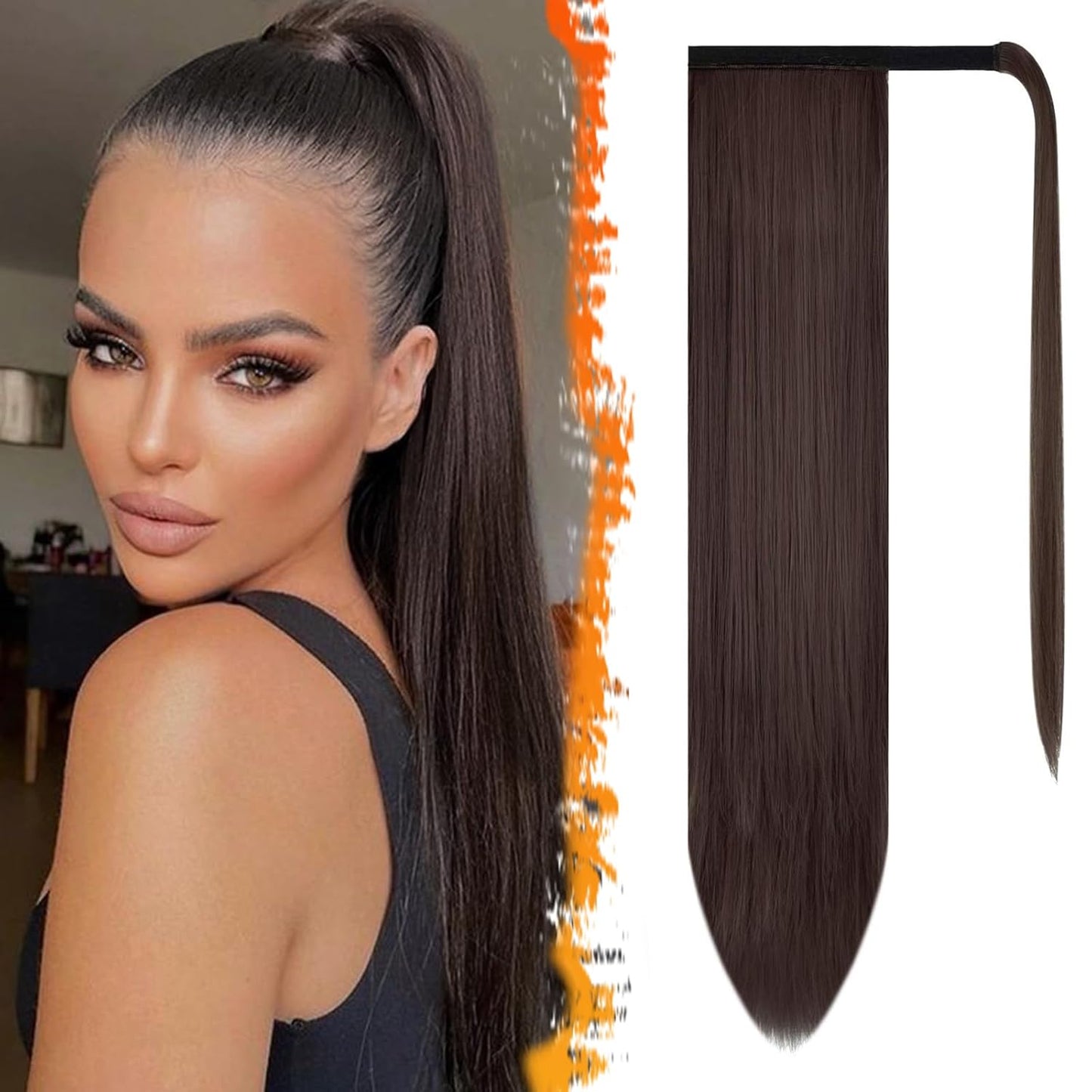 Dark Brown Straight Wrap Ponytail Extension - 24 Inch Clip-In Hairpiece for Black Women | Synthetic Hair