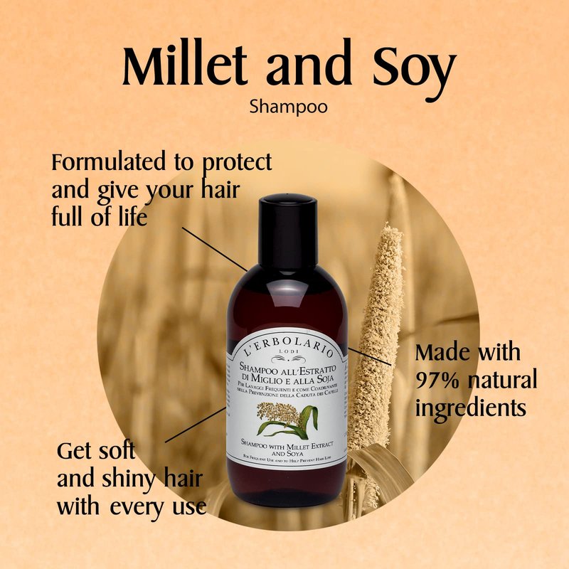 L'Erbolario Shampoo With Millet Extract And Soya - Protects And Restores Hair's Protein Structure - Leaves Hair Shiny, Soft And Full Of Life - Helps Prevent Hair Loss - For Frequent Use - 6.7 Oz