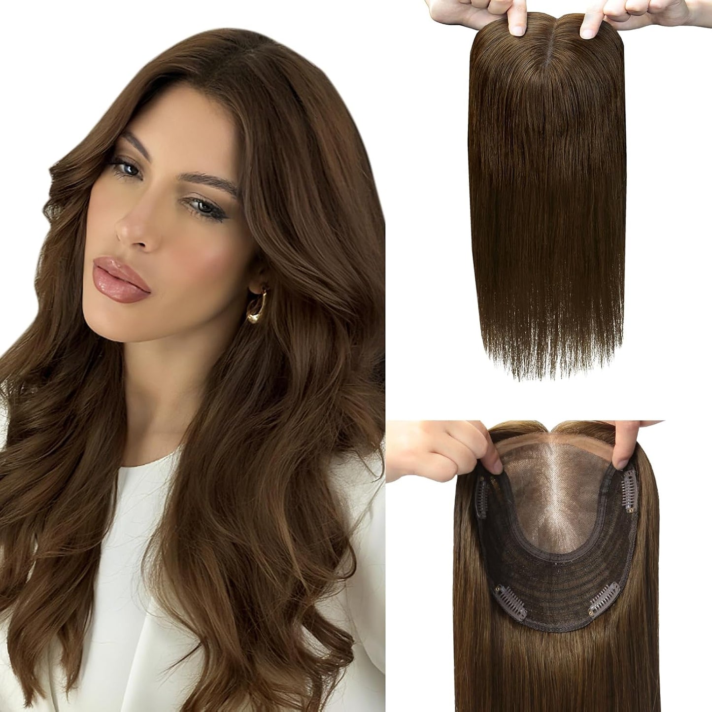 Hair Toppers for Women - Real Human Hair 6x7 Inch Large Base | Balayage Ash Brown to Golden Blonde, 12 Inch Volume Boost