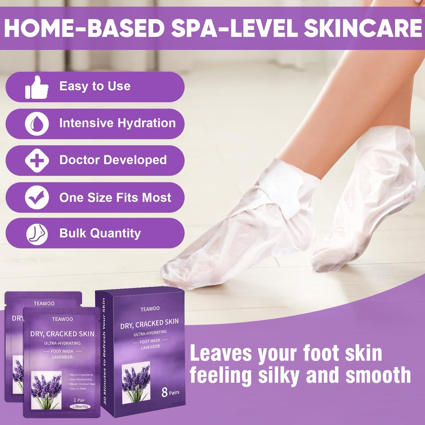 TEAWOO 24 Pairs Moisturizing Foot Masks with Lavender Oil & Jojoba Oil, Intensely Hydrating Foot Mask for Dry Cracked Feet, Moisturizing Socks for Cracked Heel Treatment