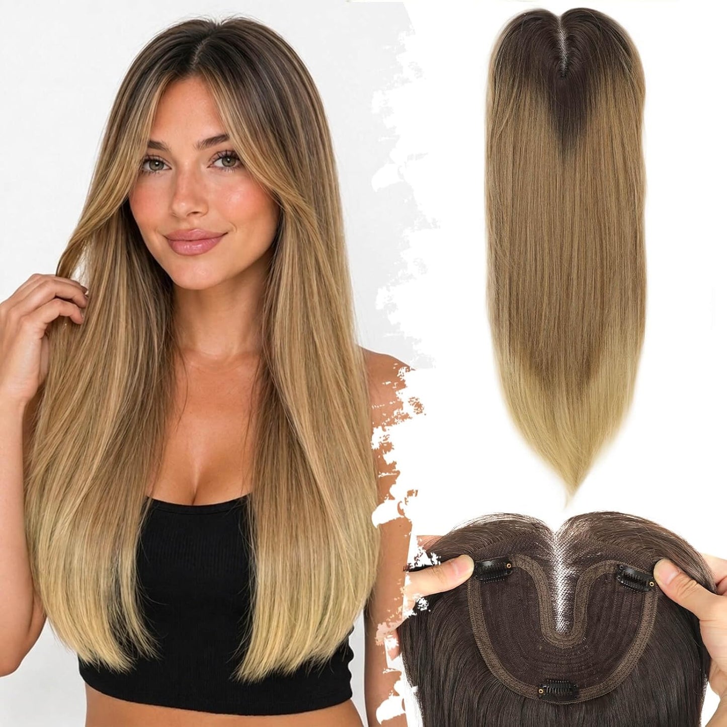 Ash Blonde Synthetic Hair Toppers with Platinum Highlights - 18" Long, 5x6" Base for Thinning Hair, Clip-In Wispy Bangs