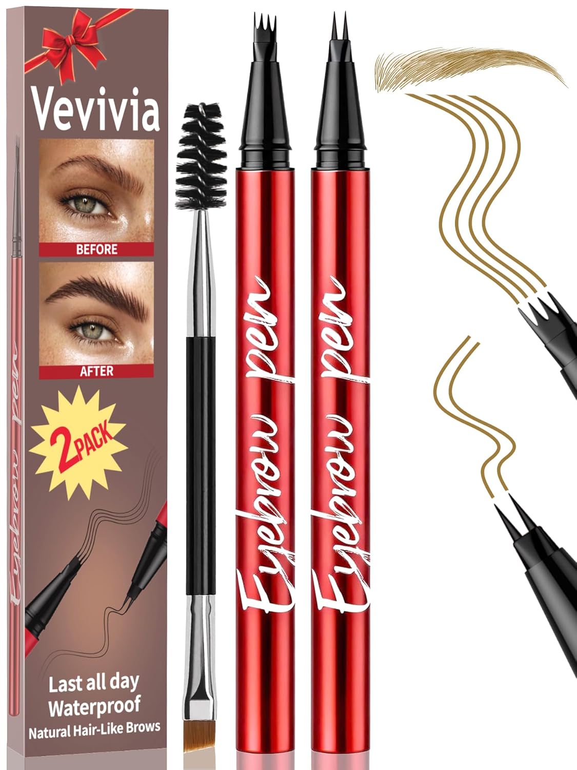 Eyebrow Pen Set - Waterproof Microblading Pencils for All Brow Types | 2 Pack, Dark Brown