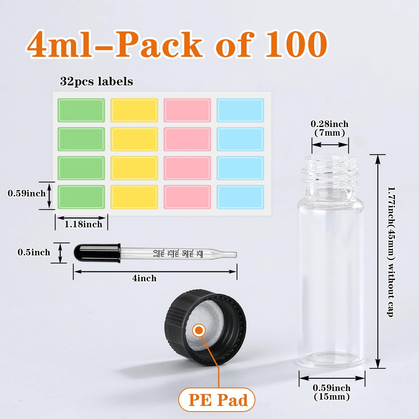 Asherxin 100 Pack 4ml Clear Glass Vials with Screw Caps Small Liquid Bottle Vials for Essential Oi