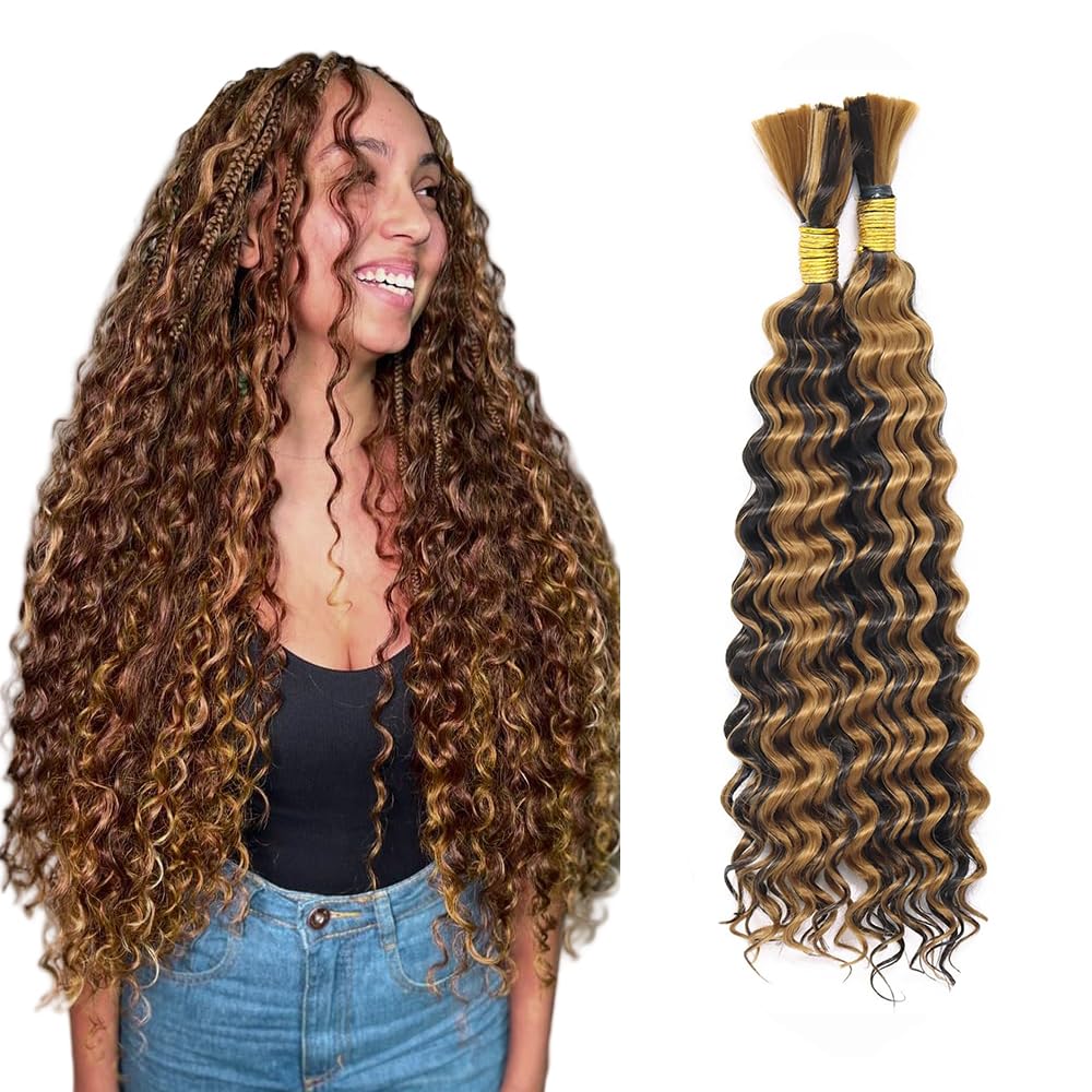 P4/27 Highlight Blonde Human Braiding Hair for Boho Braids 26 26 26 Inch 150g Deep Wave Bulk Human Hair Knotless Boho Braiding Deep Water No Weft Extensions Bohemian Braids 3 Bundles/Pack Caramel