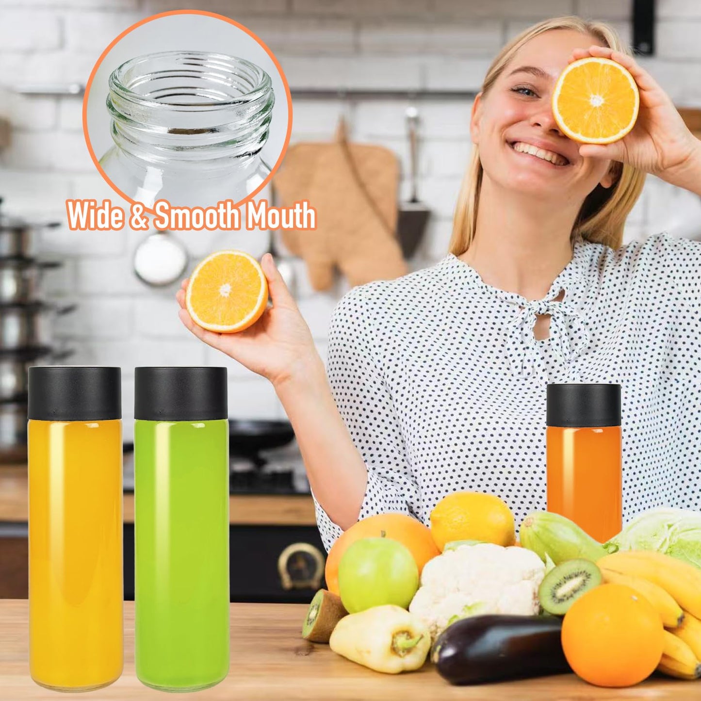 NEWMIAO 12Pack 12oz Glass Water Bottles with Lids, 350 ml Empty Glass Juice Bottles with Black Caps, Reusable Drink Containers Drinking Jars for Juicing, Milk, Beverages, Smoothies
