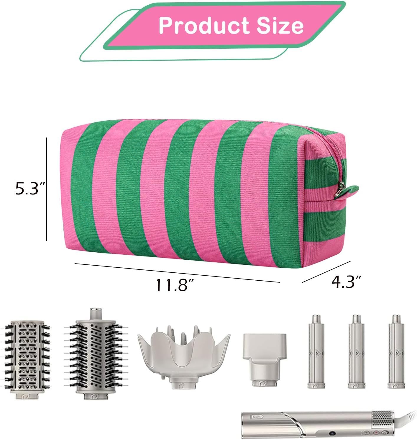 Striped Hair Tools Travel Bag - Corduroy Organizer for Hair Dryer & Flat Iron | Aesthetic Foldable Design in Pink & Green