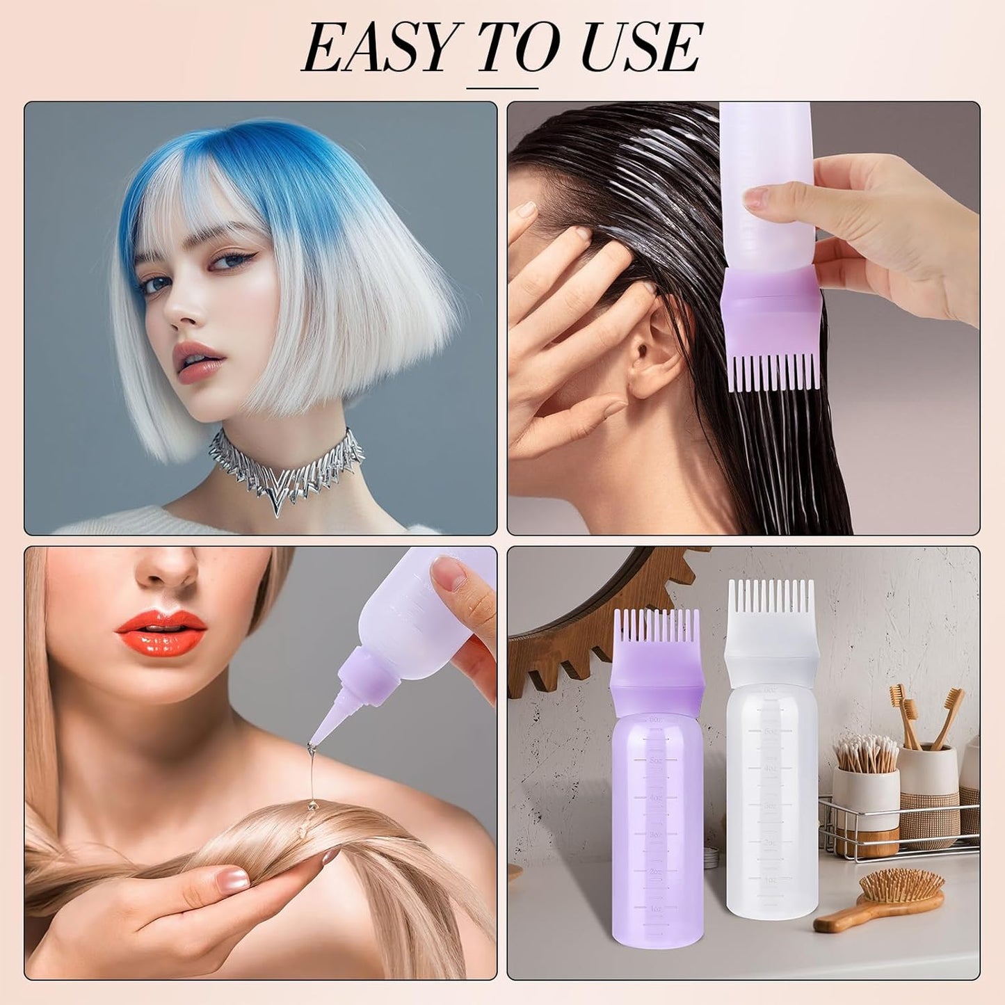 Hair Oil Applicator Bottle - Scalp & Root Comb Squeeze Bottle | 2 Pack (Purple, White) with 4 Pointed Mouth Cover & Massage Comb