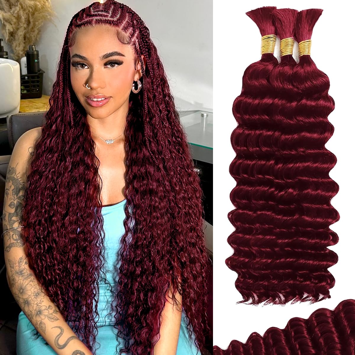 FONFUNY Human Braiding Hair for Boho Braids 120g Deep Wave Boho Bulk Human Hair for Braiding Knotless 12A Curly Wet and Wavy Bohemian Braids No Weft 3 Bundles/Pack Burgundy 22 Inch
