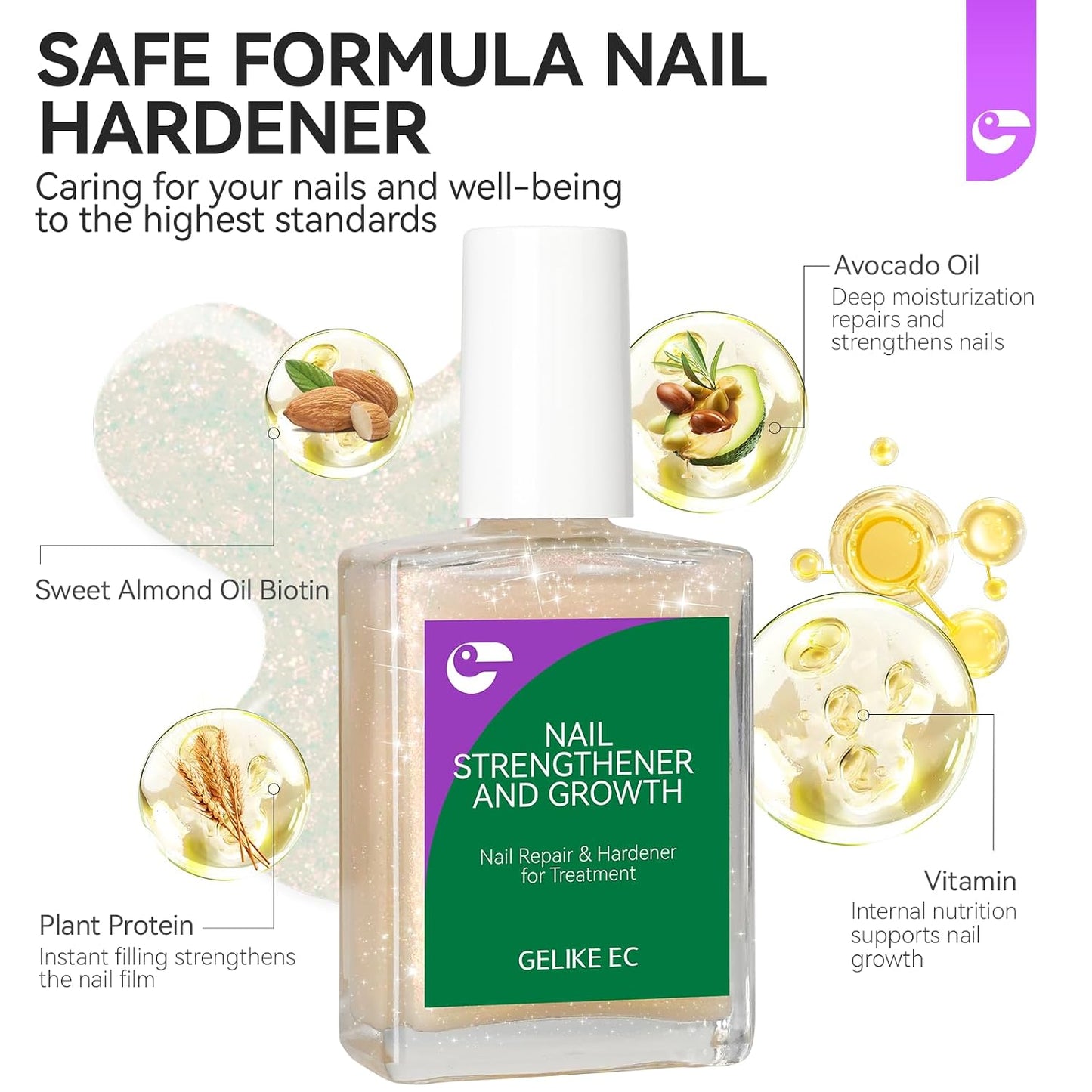 Nail Strengthener - Glitter Pink 15ml Natural Protein Hardener | Extra Strong Repair for Damaged Nails & Growth
