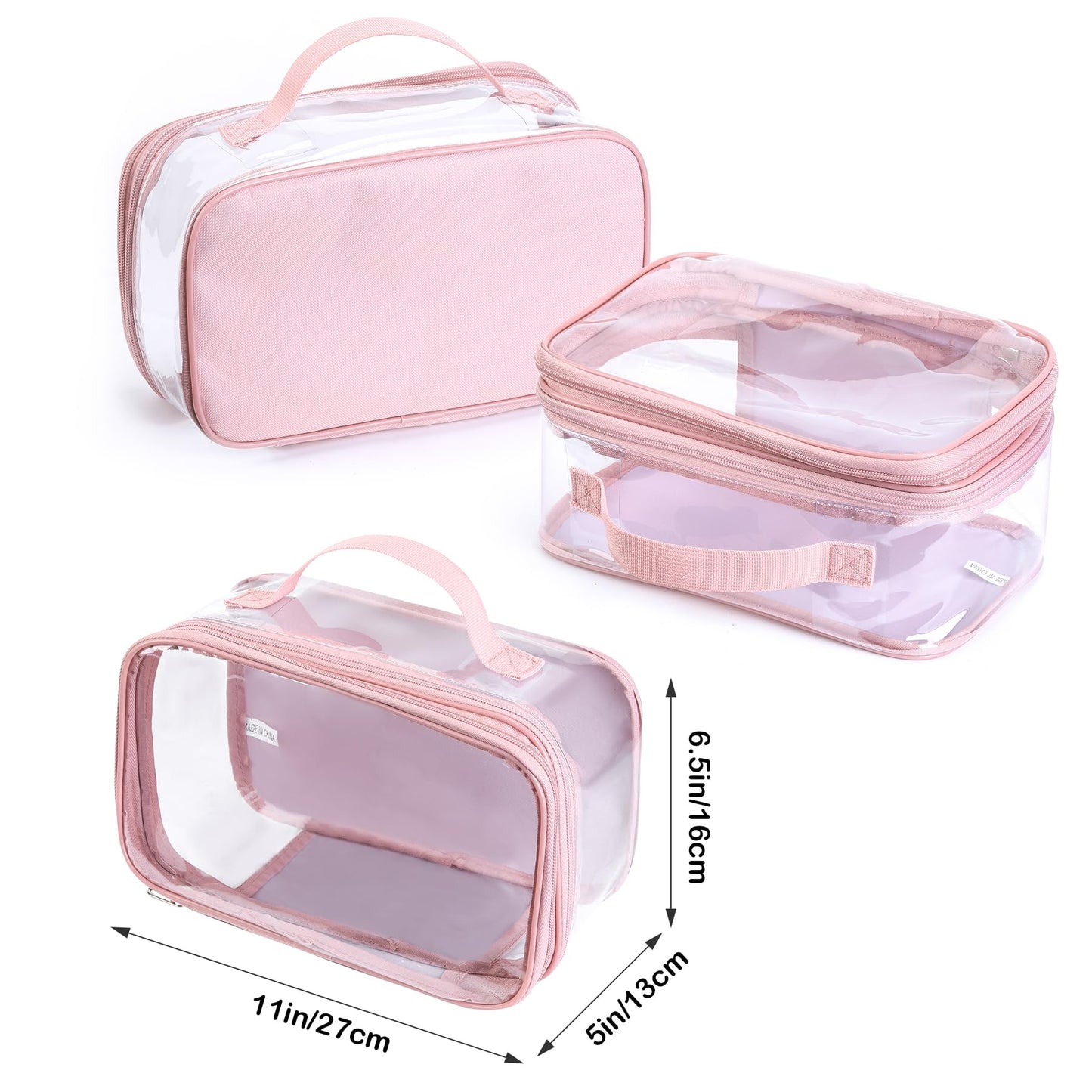 BORMELUN Large clear travel pouch,TSA approved toiletry reusable organizer with zipper proof purse makeup case carry On (Pink)