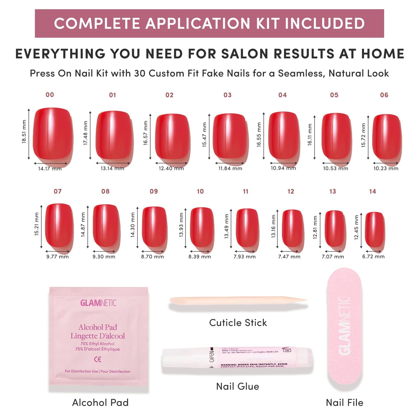 Glamnetic Press On Nails - Short Squoval Fake Nails | Glazed Red Press On Nails, Salon Quality Kit with Glue | Statement Red - 30 Nail Set in 15 Sizes