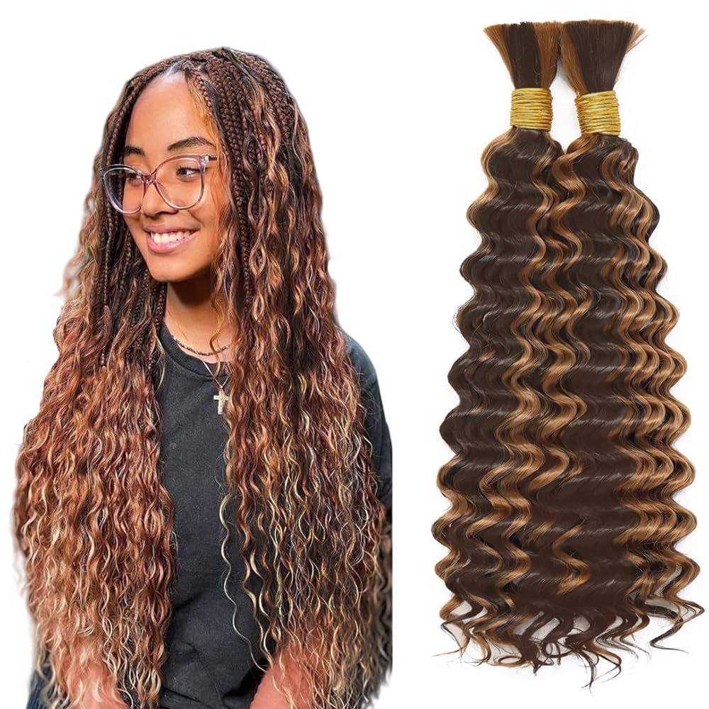 4/30 Boho Human Hair Highlight Brown Boho Hair For Braiding Color p430 Deep Curly Wave Braids Bulk Ombre Brown Braids HuxoWax 18 18 Inch 100g