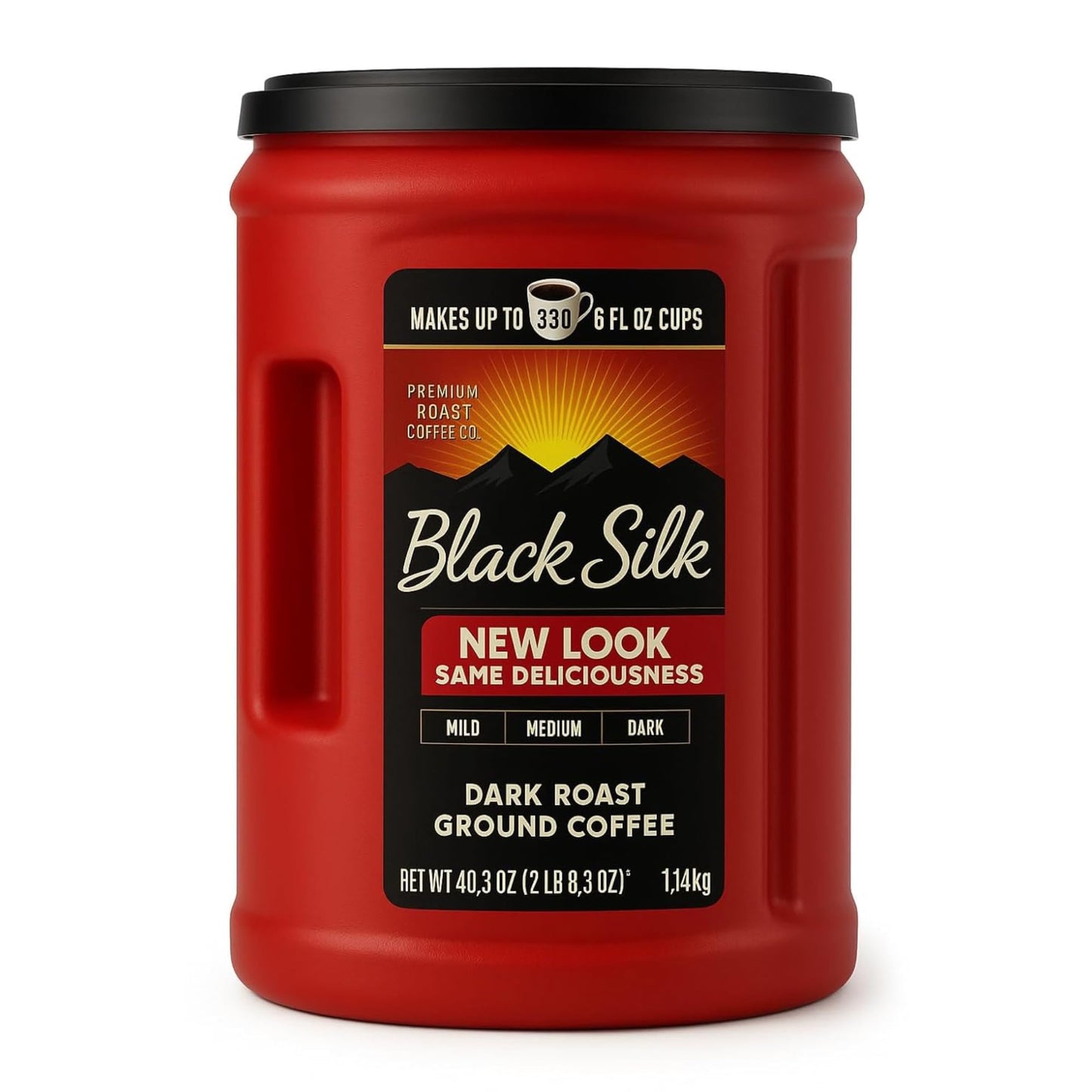 Black Silk Dark Roast Ground Coffee, 40.3 oz, Makes Up to 380 Cups, Includes 15ml Measuring Scoop