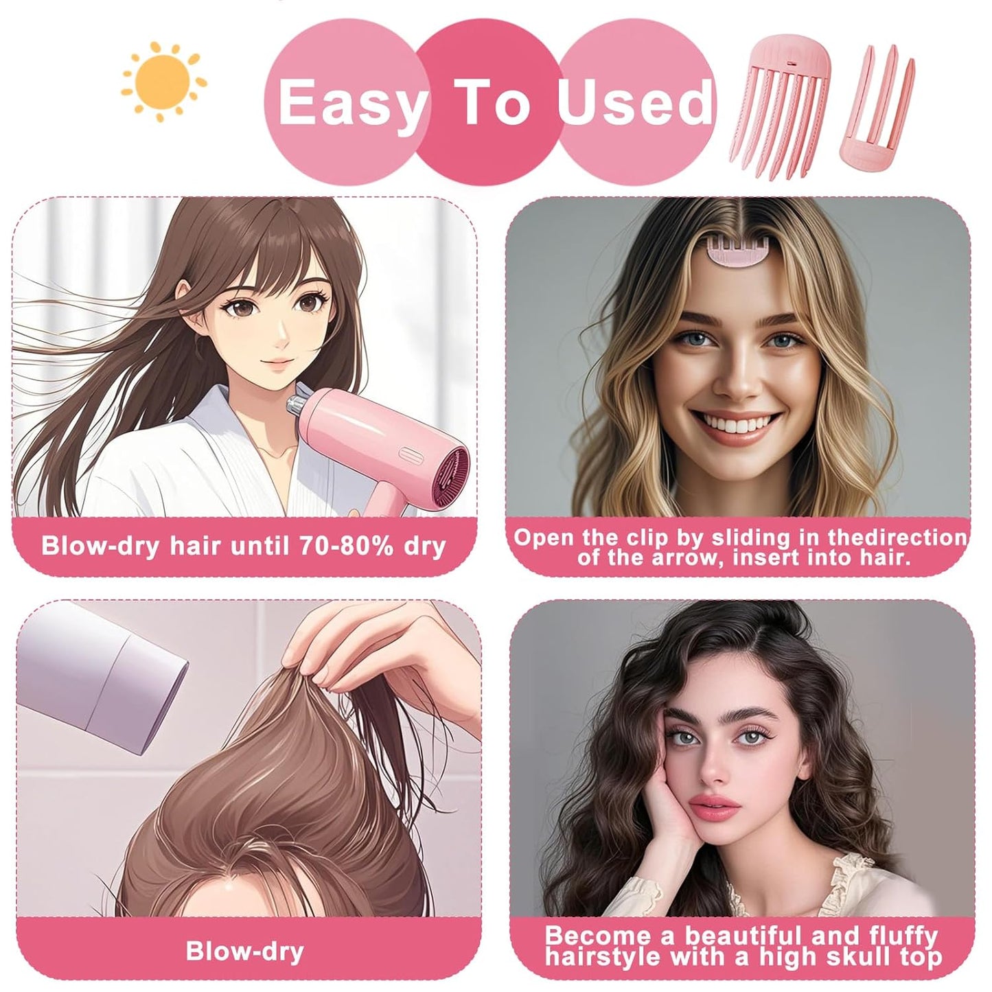 Volumizing Hair Clips for Women - No Crease Root Lifting Tool for Natural Puffy Styles | 2 Pcs, Pink