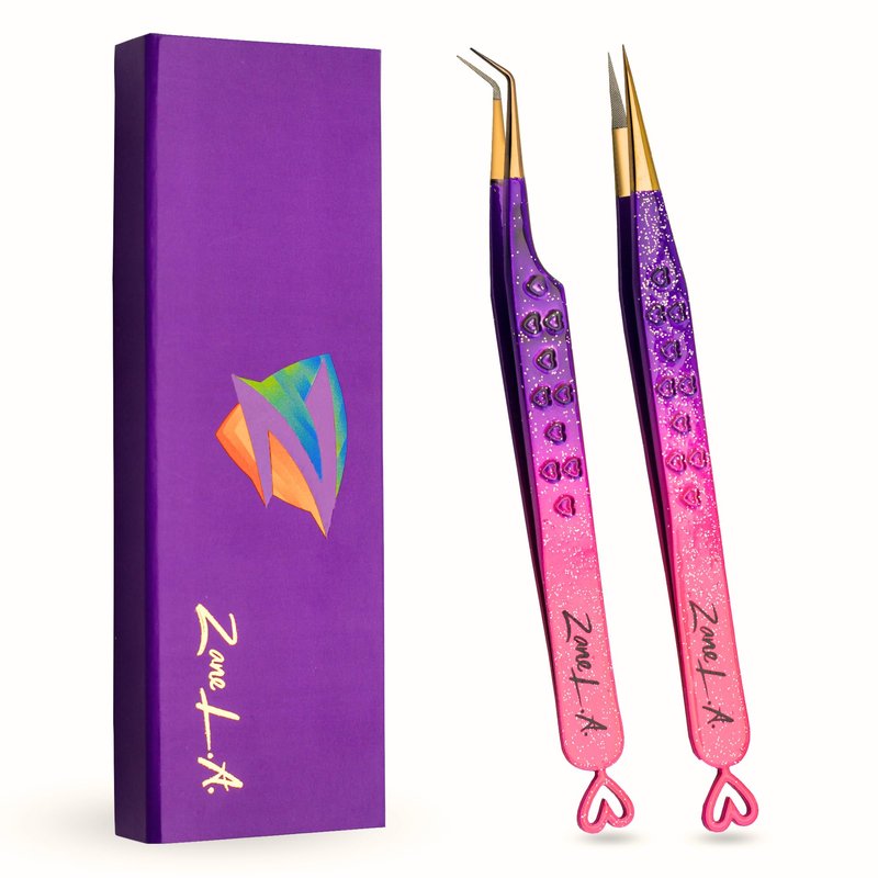 Zane L.A. Nano Fiber Tip Professional Eyelash Extension Tweezers, made with Japanese Stainless Steel, Unique Heart Design (Pink and Purple)