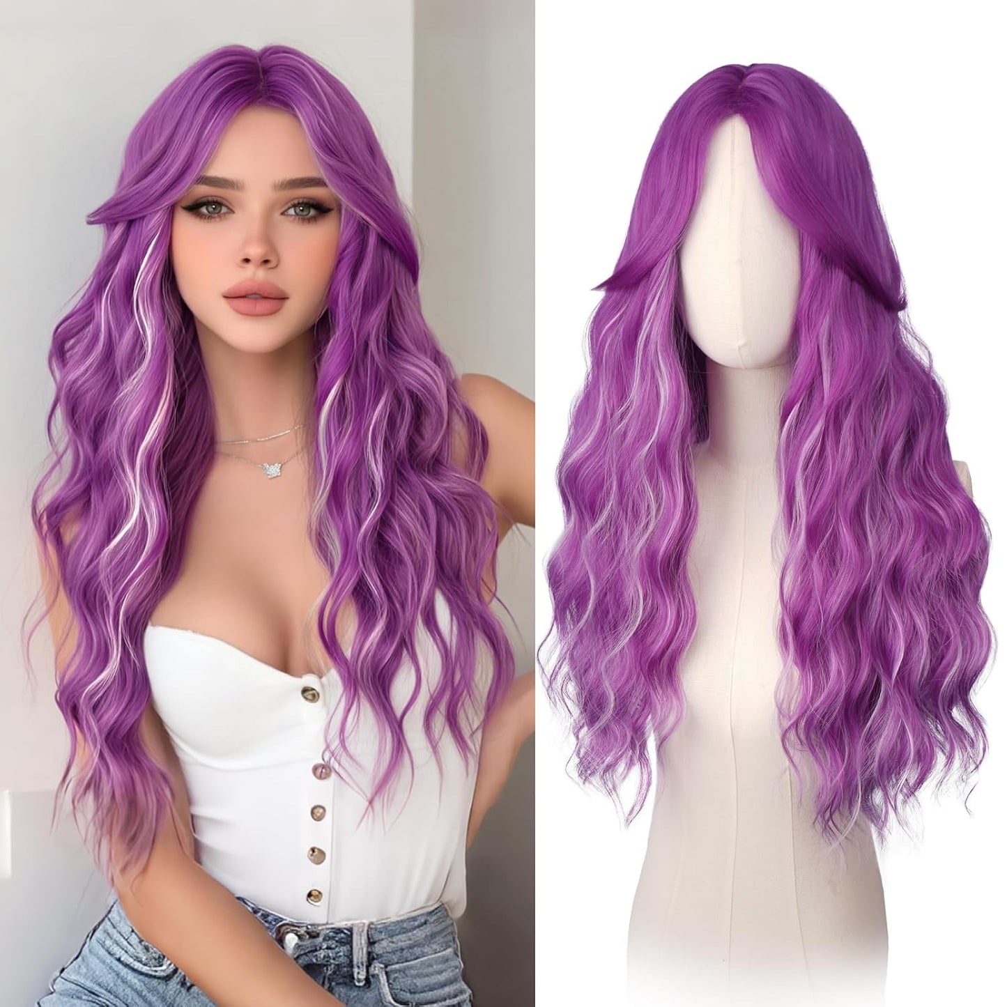 Pink Wigs for Women - Long Wavy Synthetic Hair Wig with Curtain Bangs | 26 Inch Natural Look for Daily Wear & Cosplay