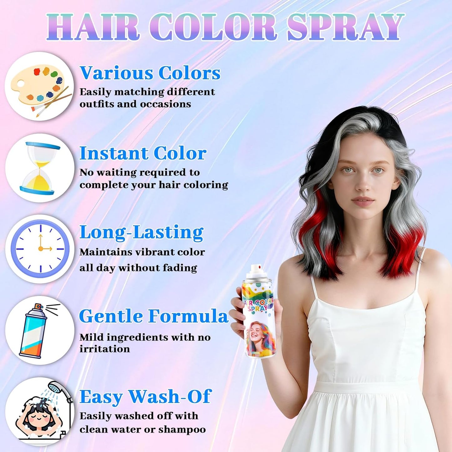 Temporary Hair Color Spray - Black, Silver & Red | One-Day Washable Hairspray for Party & Cosplay