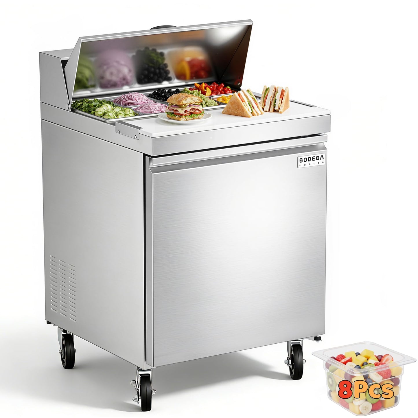BODEGACOOLER 27" W Sandwich Prep Table Refrigerator, 8.03 Cu.Ft Pizza Prep Table, Commercial Salad Bar with Single Stainless Steel Door, 8*1/6 Pans, Cutting Board for Restaurant,Home,Cafe,Bakery