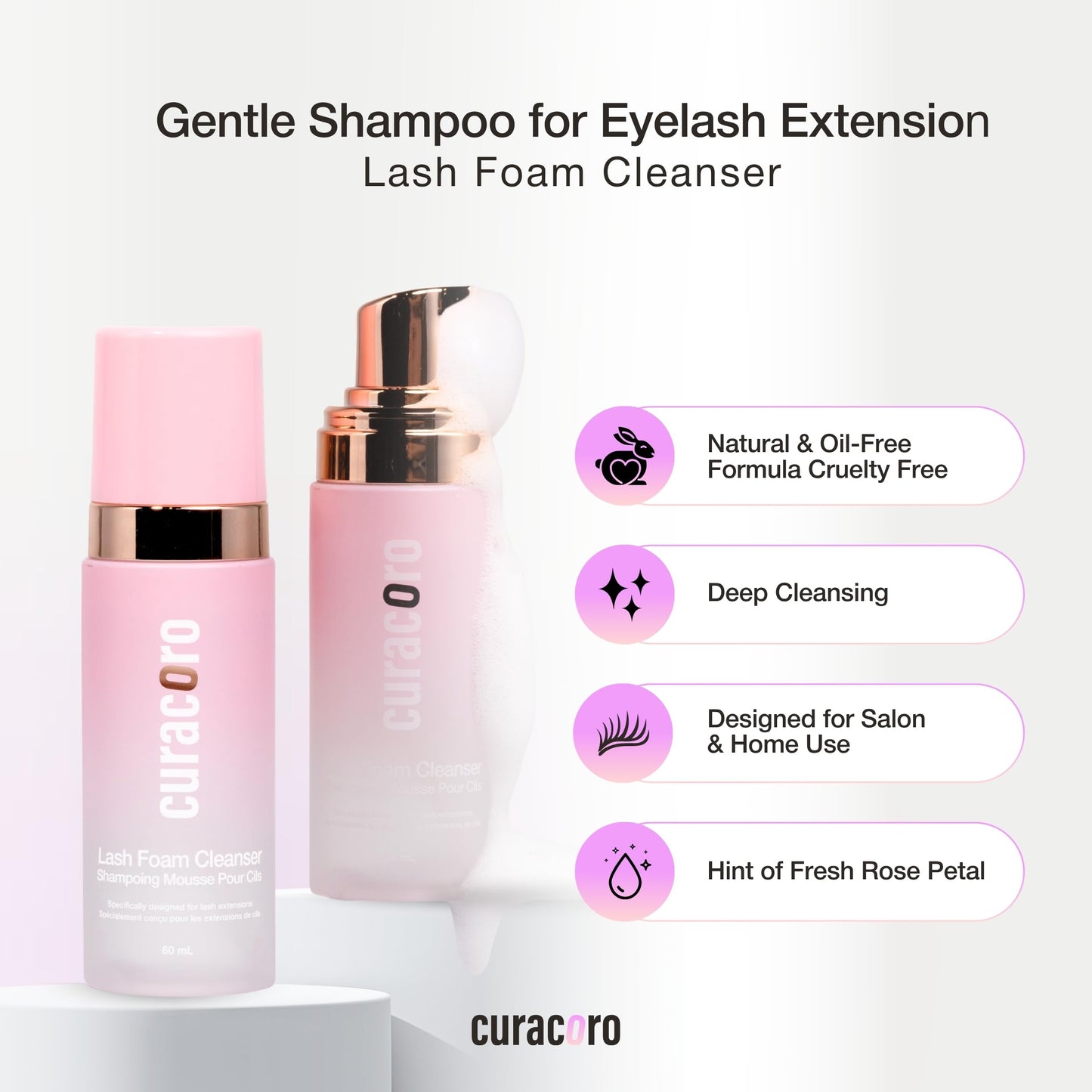 CURACORO 60ML Eyelash Extension Cleanser (Rose Scented) - Lash Shampoo for Lash Extensions, Eyelash Extension Foam Cleanser for Sensitive Skin, Removes Waterproof Makeup for Professional & Home Use