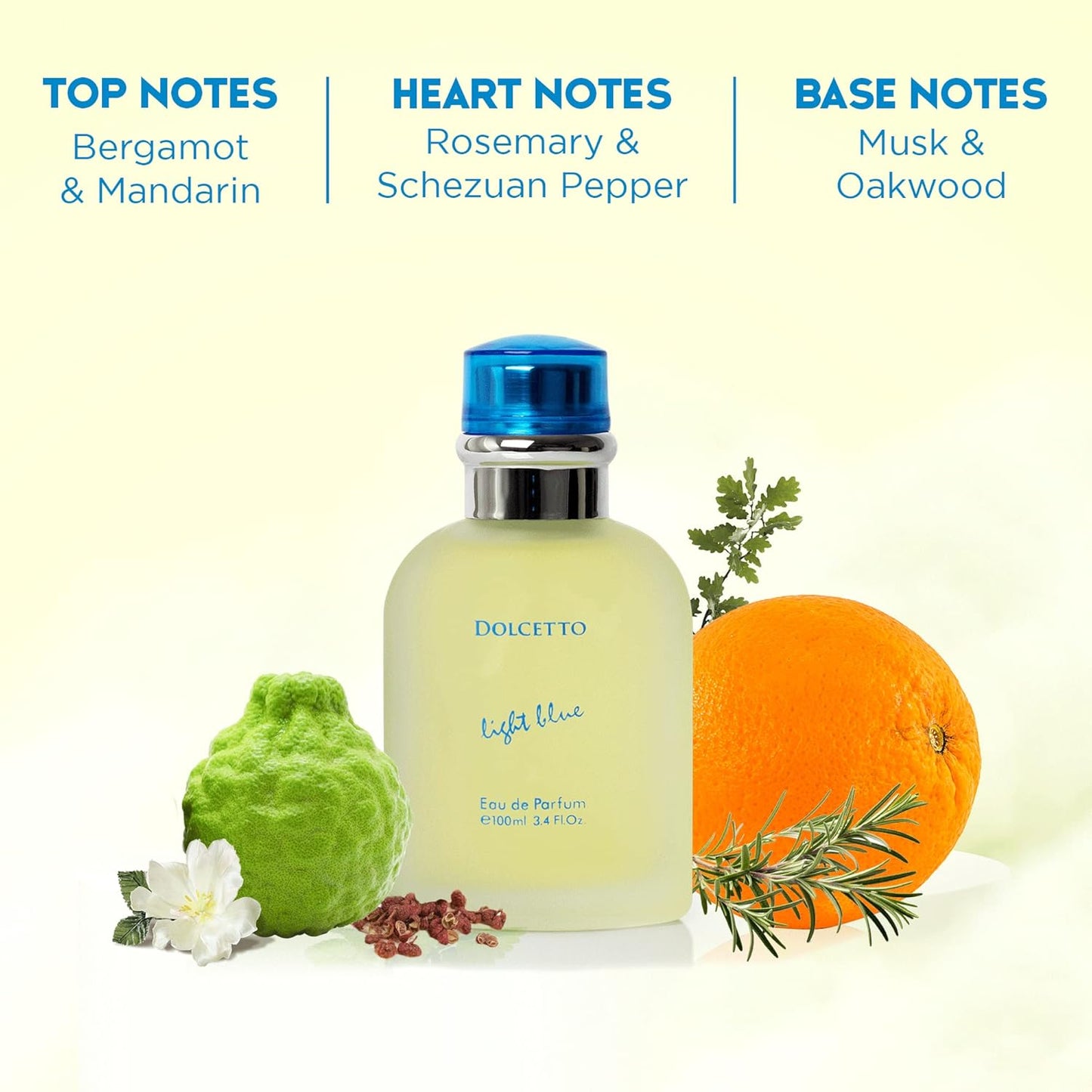 NovoGlow Dolcetto Light Blue Eau De Parfum for Men - Refreshing Woody Floral & Aquatic Scent | 3.4 Fl. Oz. (100ml)