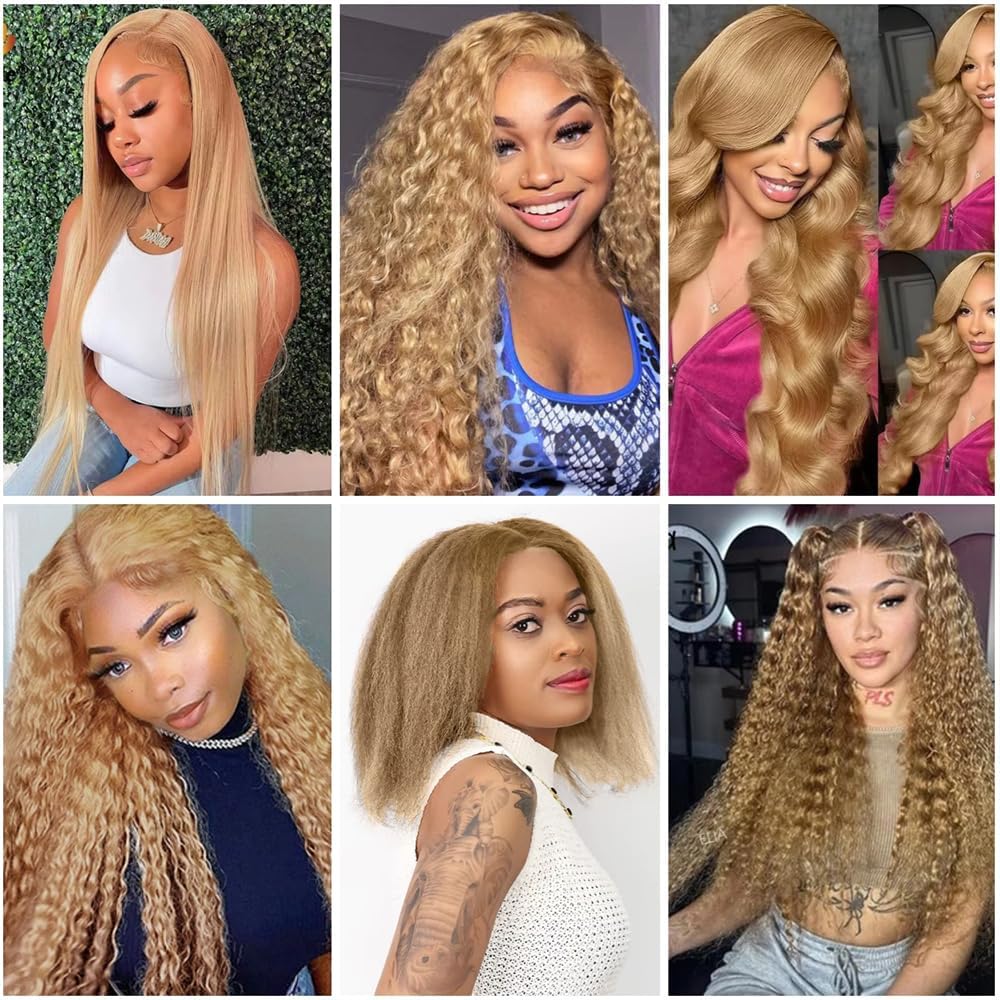 Color #27 Bundles Human Hair Honey Blonde Kinky Straight Bundle 20 22 24 InchBrazilian Virgin Hair 3 Bundles Color #27 Yaki Straight Bundle Hair Extensions 300g