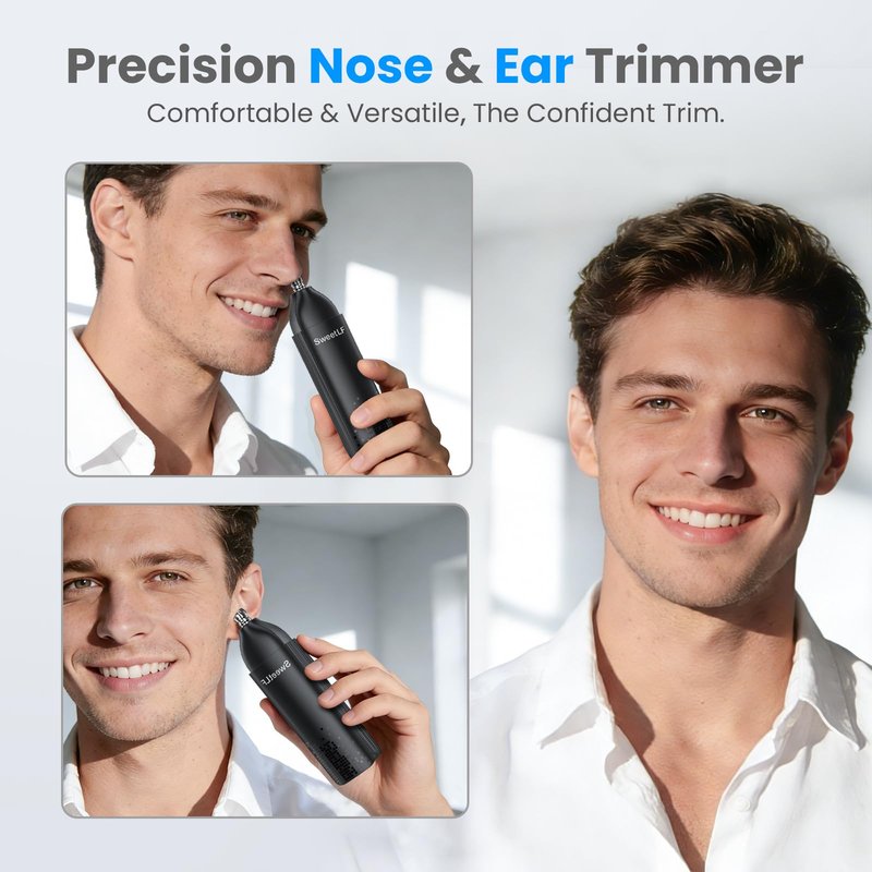 SweetLF Professional 7000 RPM Nose & Ear Hair Trimmer – Whoe Body Washable, USB-C Charging，Pocket-Sized (4.7×1.26inch), Stainless Steel Replaceable Blade (Light Black)