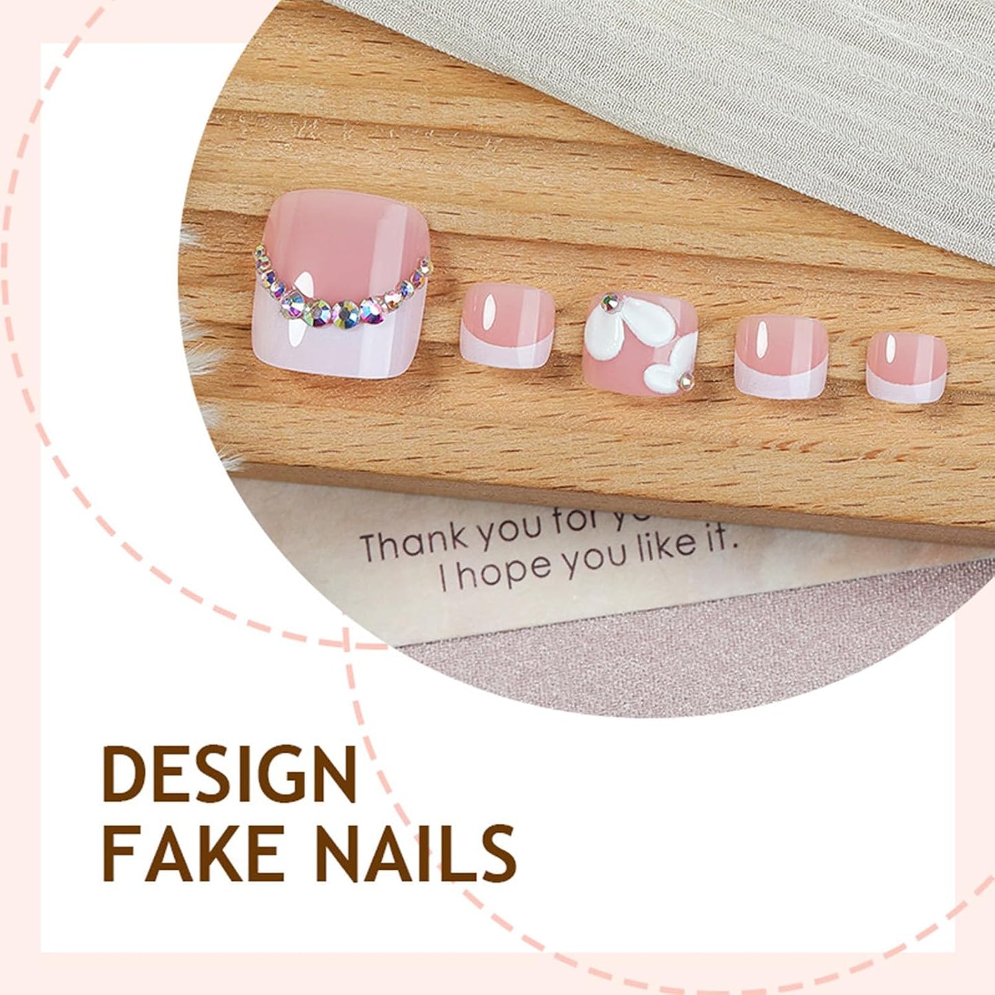 French Tip Press-On Toenails - Short Square Acrylic Nails with 3D Flower & Rhinestones | 24 Pcs Glossy Pink Set