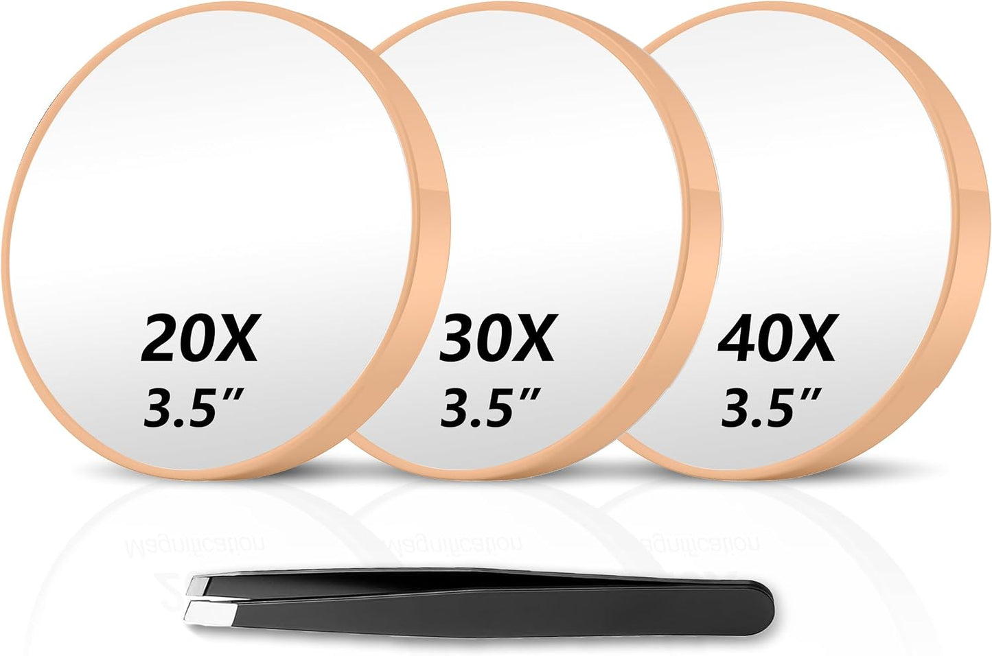 Magnifying Mirror Set - 20X/30X/40X Compact Travel Mirrors with Tweezers & Suction Cups | 3.5 Inches - Black