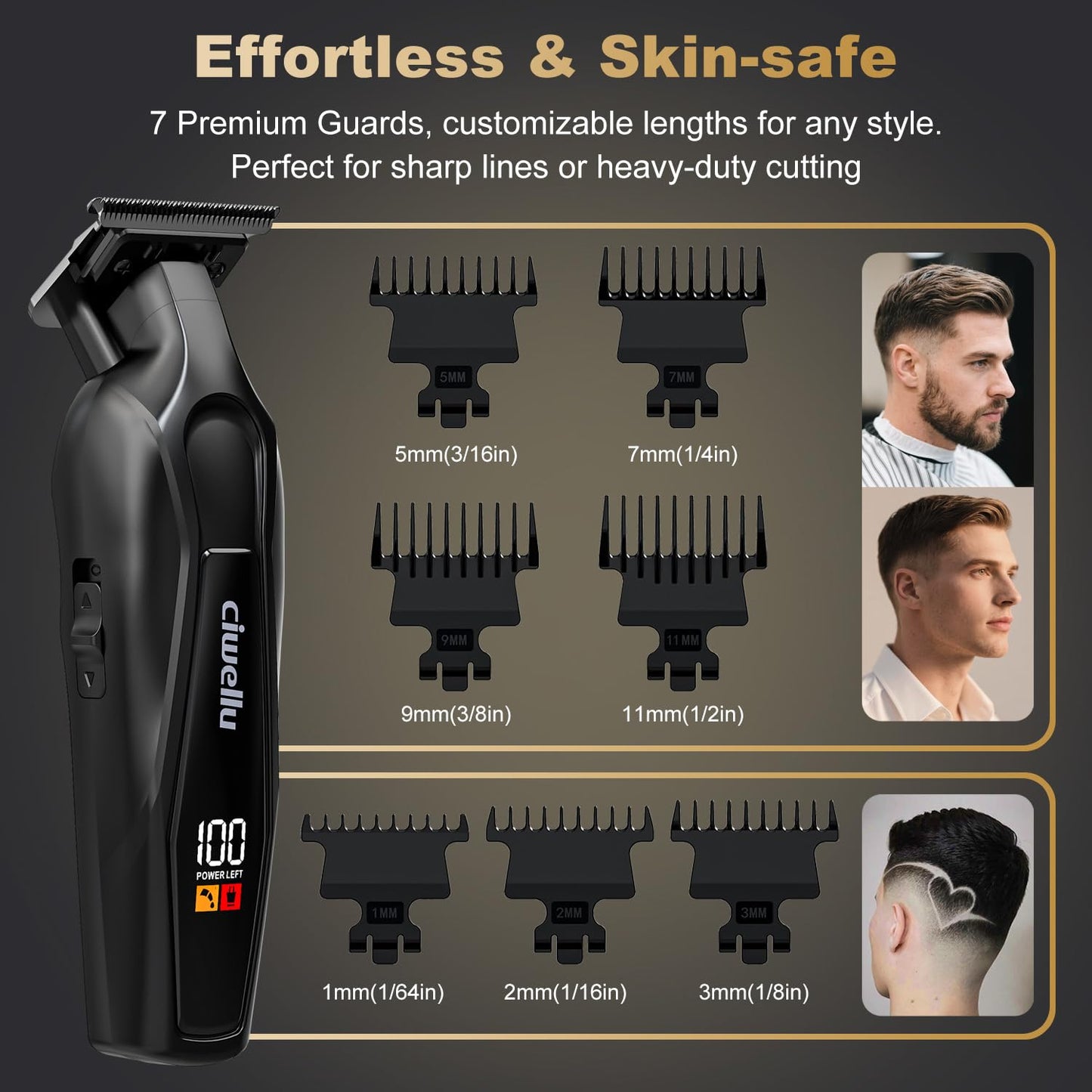 ciwellu Hair Trimmer for Men, Professional Barber Liner & Beard Trimmer with Zero-Gap T-Blade Clippers,USB-C Fast Charge with 7 Guards for Hair/Body