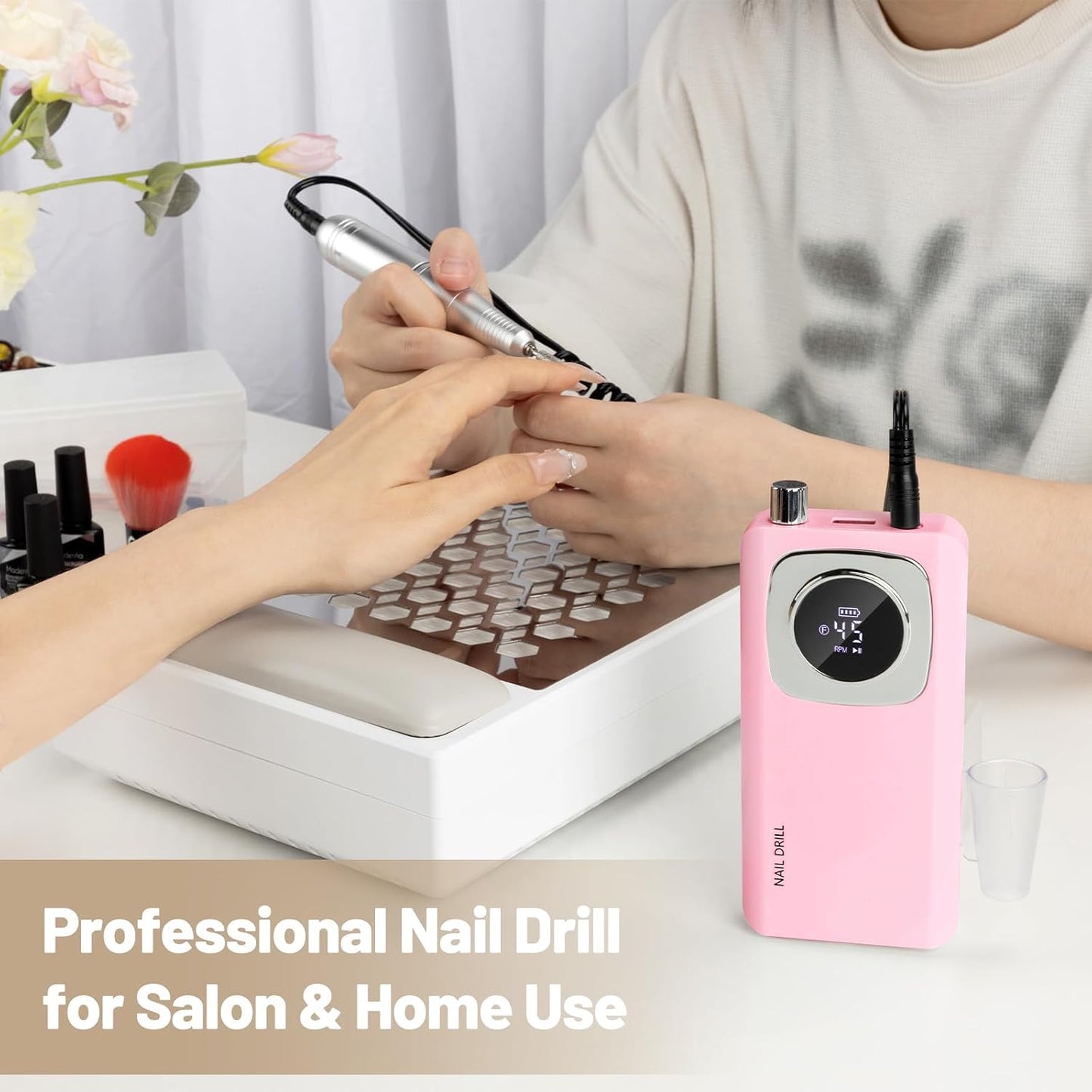 Rechargeable Electric Nail File - 45000RPM Portable Efile Drill Kit | Cordless Nail Drill for Acrylic & Gel Nails, Pink