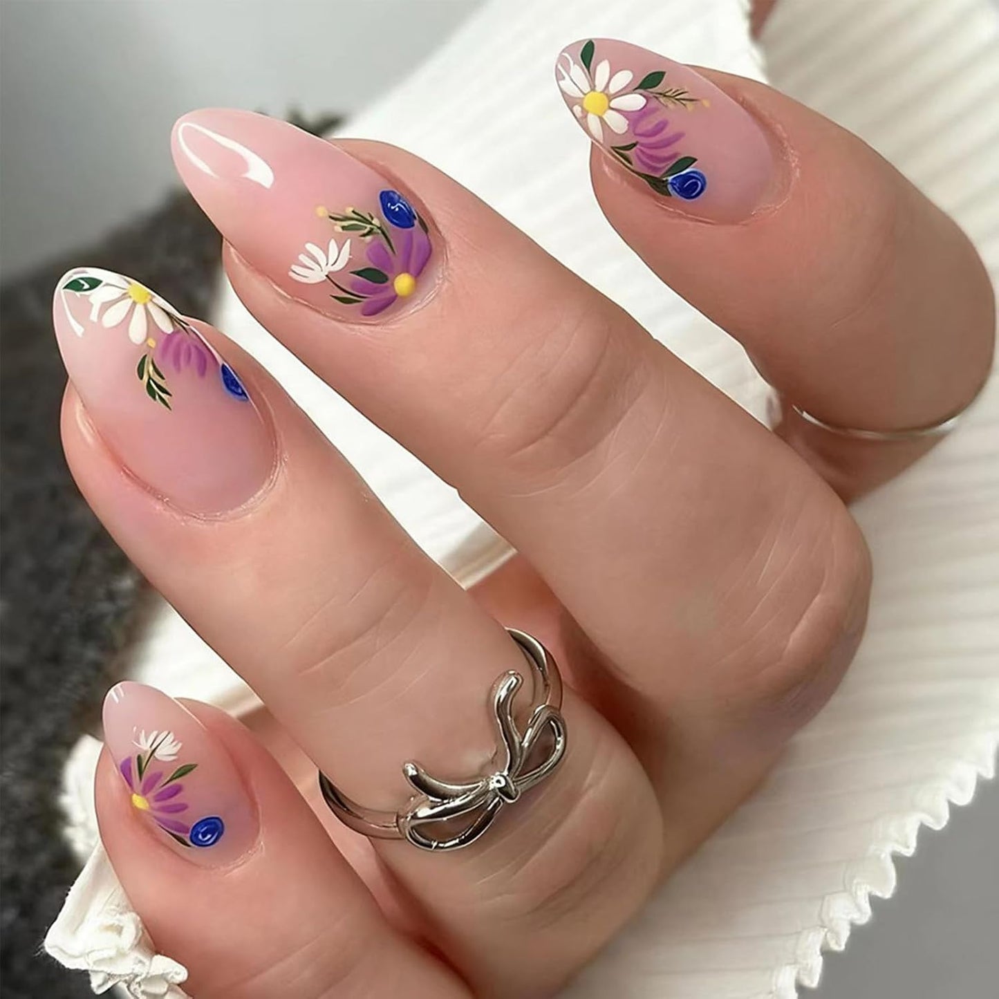 Colorful Gradient Press-On Nails - Medium Almond Summer Sunset | Reusable Glossy Full Cover 24 Pcs with Adhesive Stickers