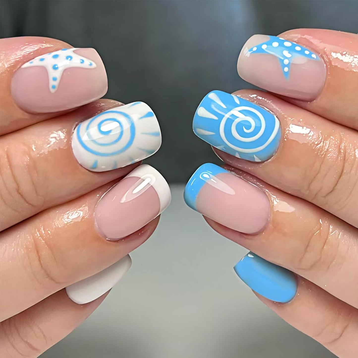 Press On Nails - Medium Almond Gradient Green Ocean | Glossy Acrylic Turtle Design - 24 Reusable Stick-On Nails